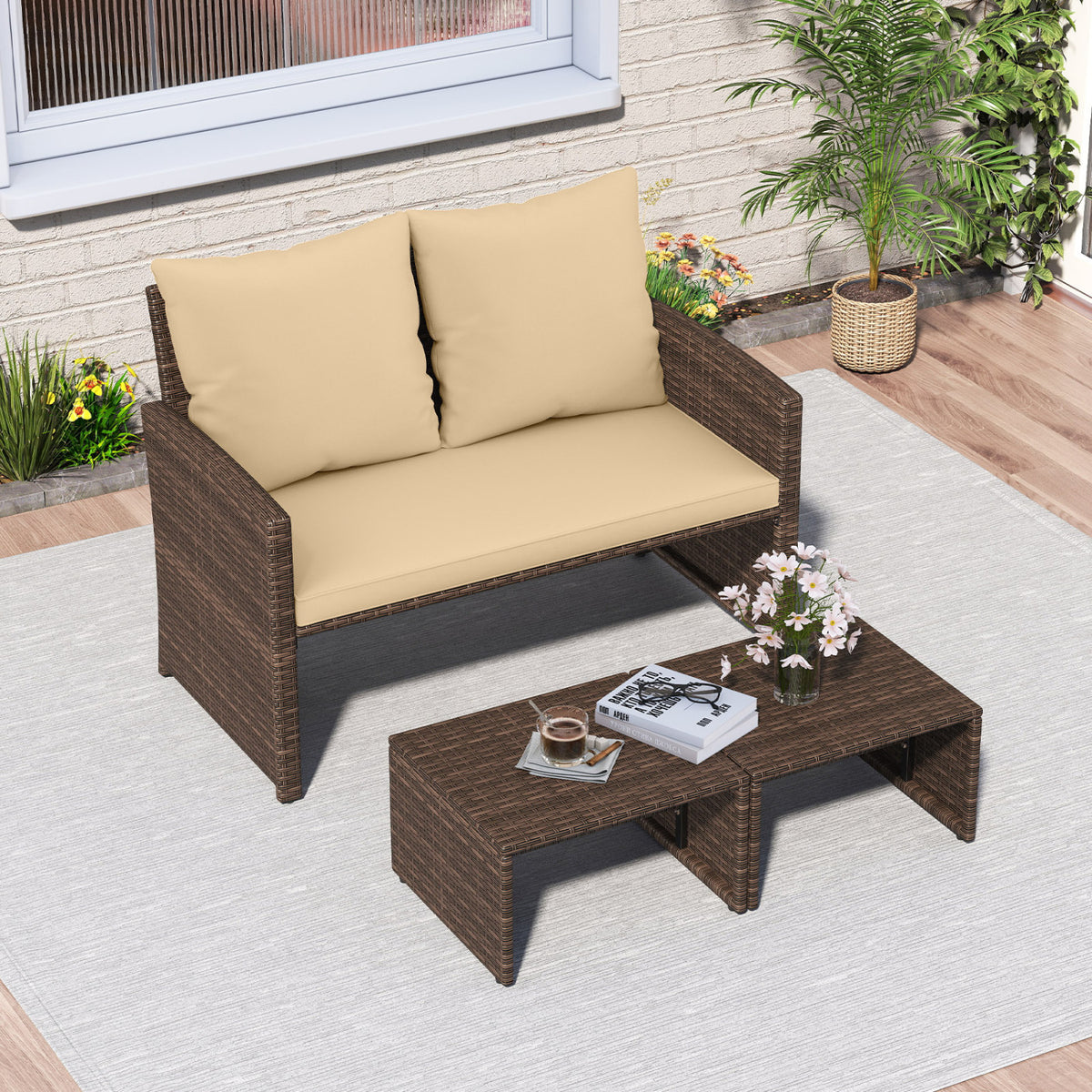 3 Pieces Outdoor Patio PE Wicker Furniture Set with Cushions