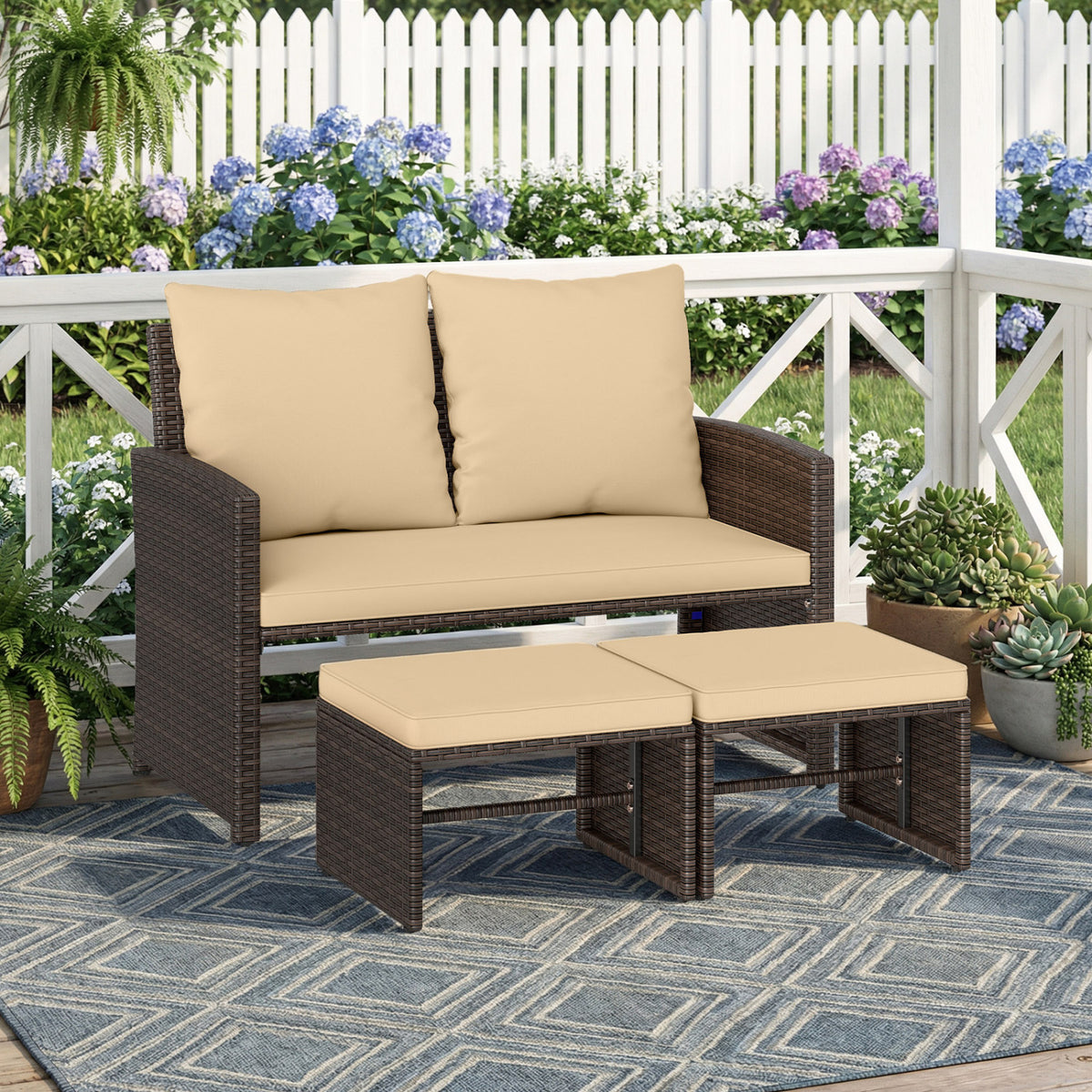 3 Pieces Outdoor Patio PE Wicker Furniture Set with Cushions