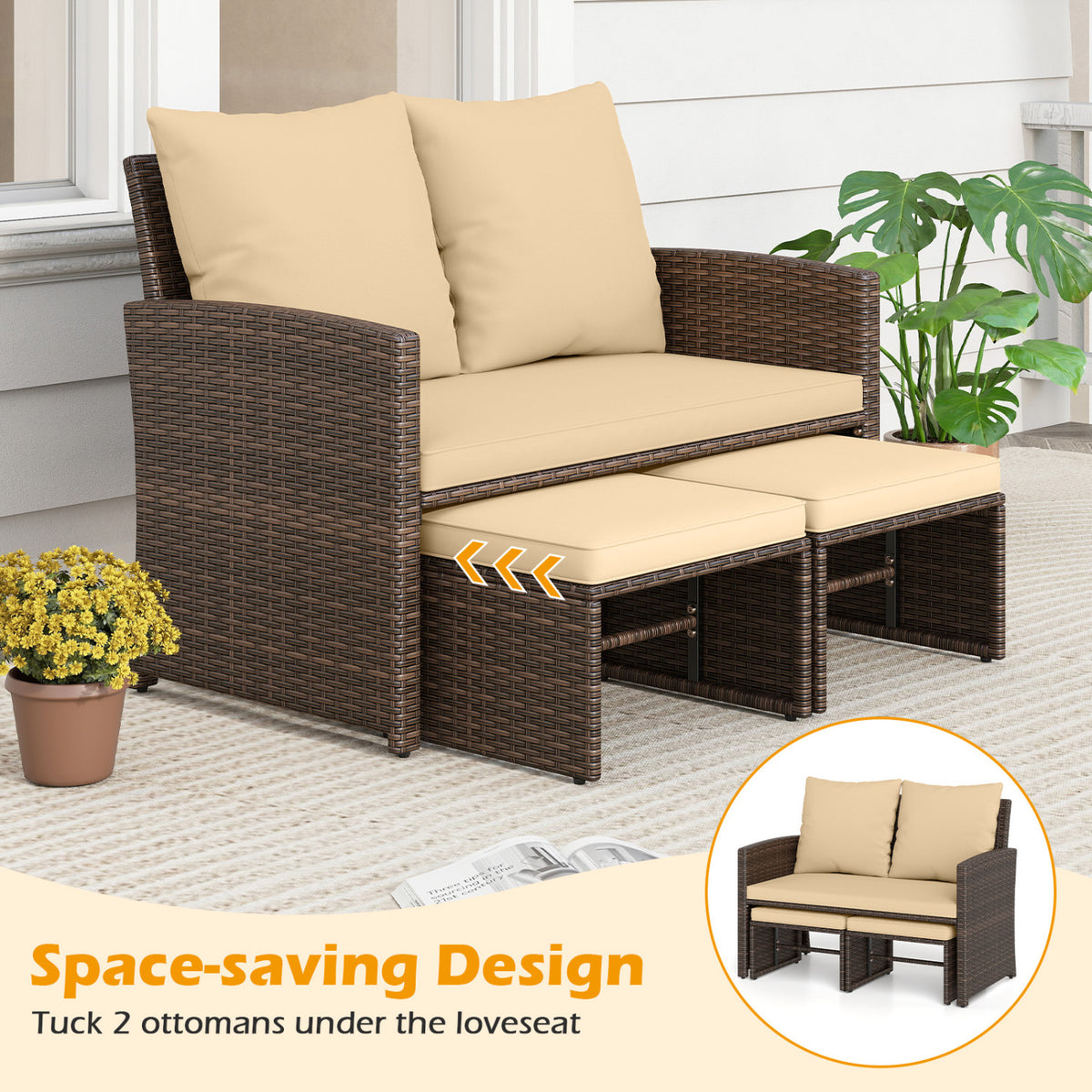 3 Pieces Outdoor Patio PE Wicker Furniture Set with Cushions