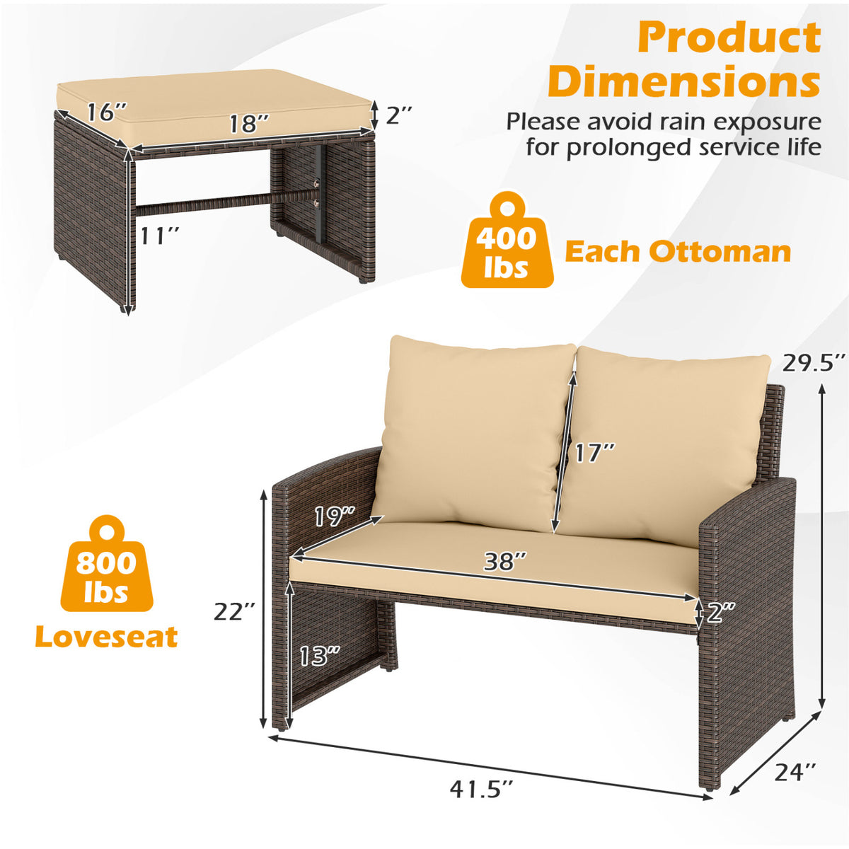 3 Pieces Outdoor Patio PE Wicker Furniture Set with Cushions