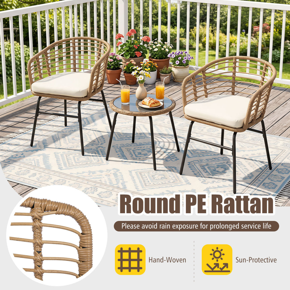 3 Pieces Outdoor Patio Furniture Set with Soft Cushions