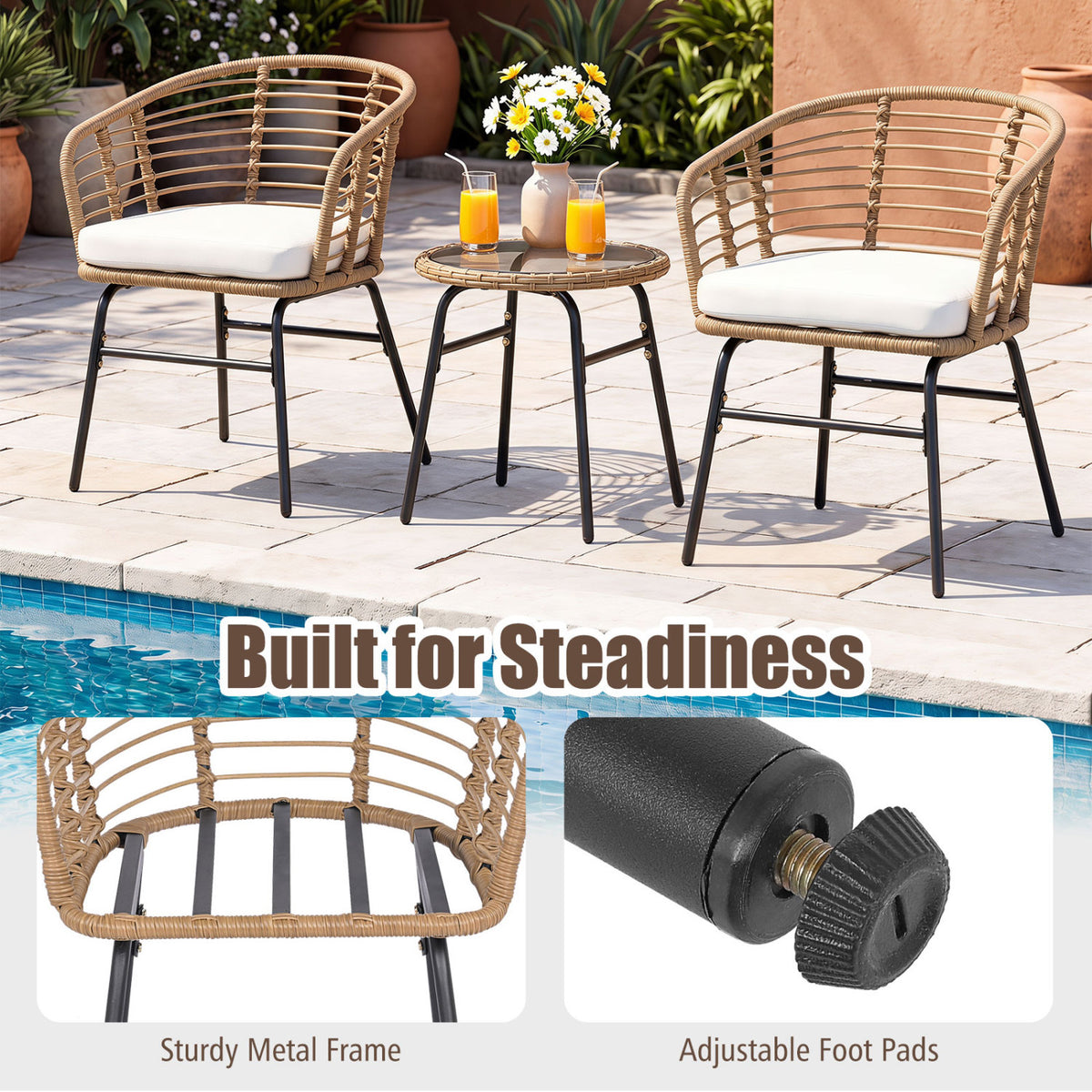 3 Pieces Outdoor Patio Furniture Set with Soft Cushions