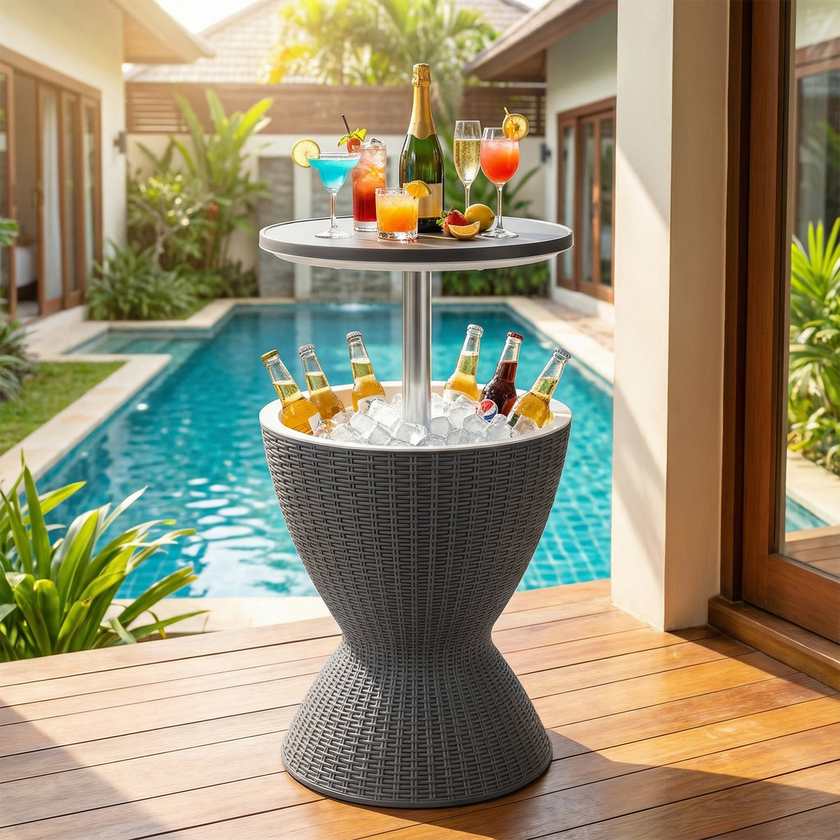 Outdoor Rattan Bar Table with Extendable Tabletop, Gray