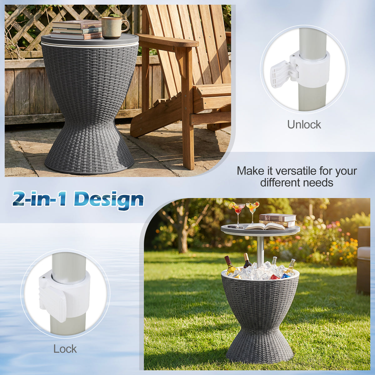 Outdoor Rattan Bar Table with Extendable Tabletop, Gray