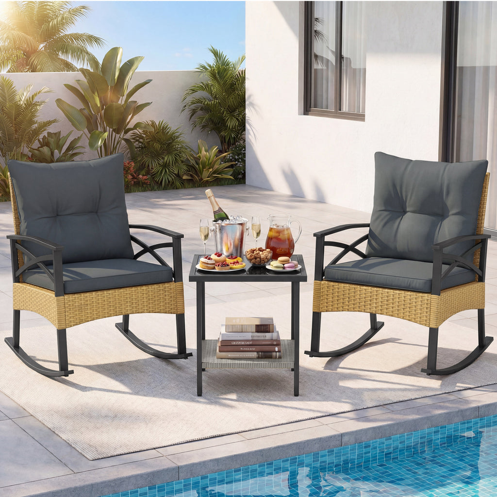 3-Piece Outdoor Rattan Rocking Chairs Set with Glass Top Table - Gray