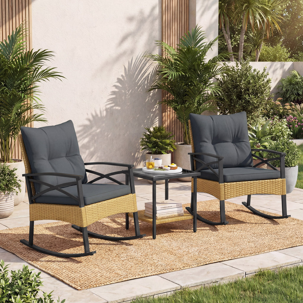 3-Piece Outdoor Rattan Rocking Chairs Set with Glass Top Table - Gray
