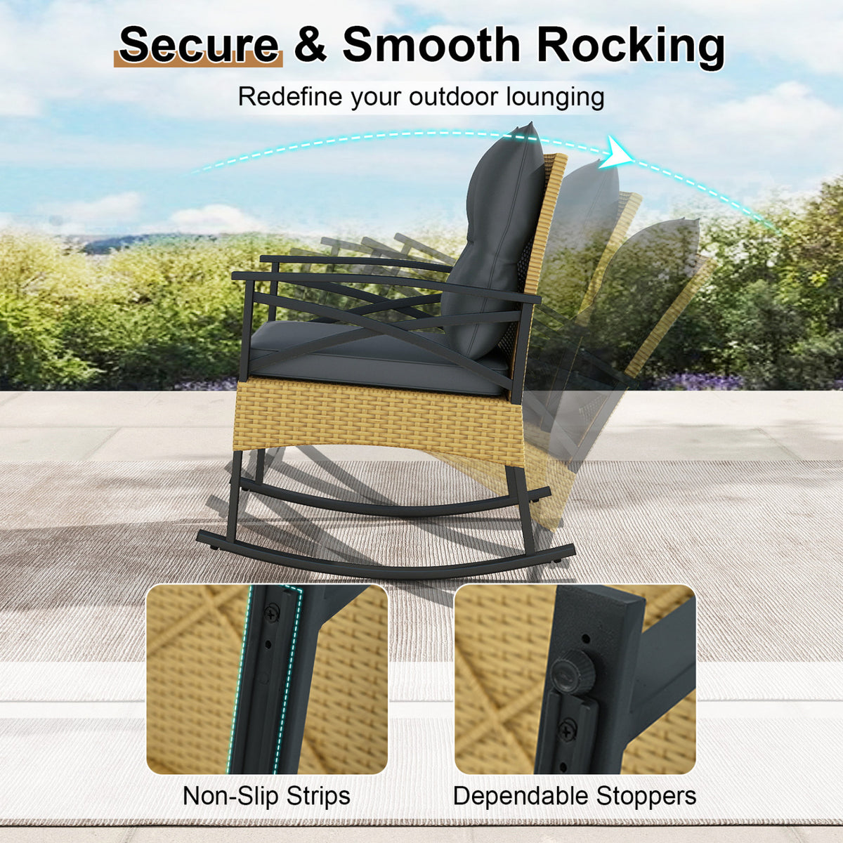 3-Piece Outdoor Rattan Rocking Chairs Set with Glass Top Table - Gray