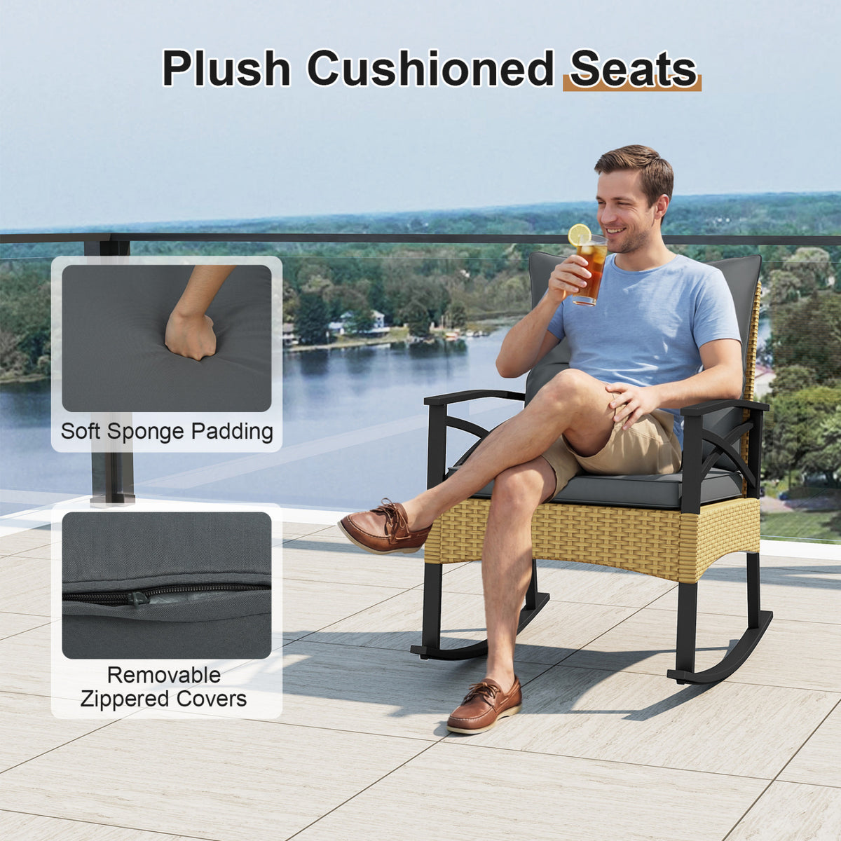 3-Piece Outdoor Rattan Rocking Chairs Set with Glass Top Table - Gray