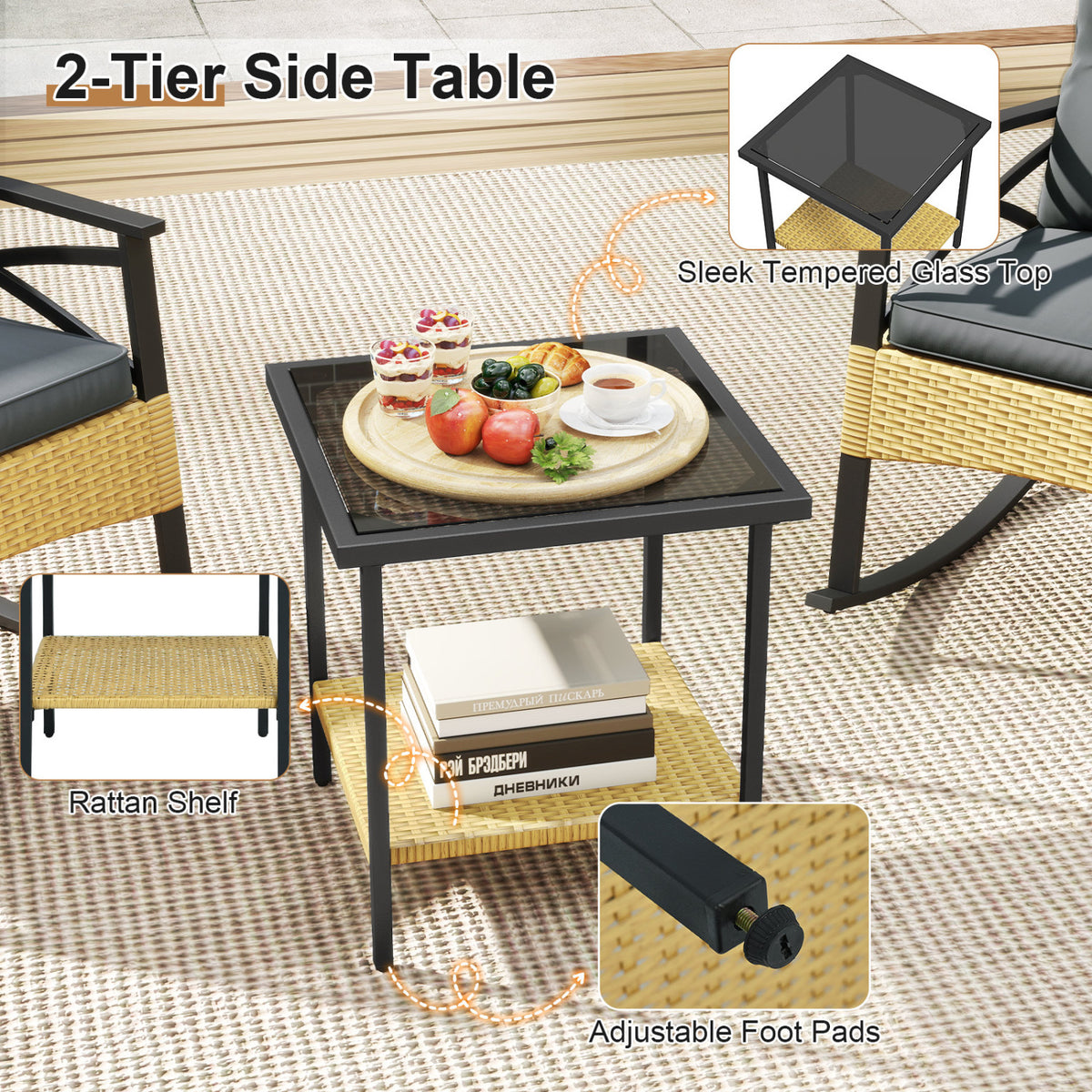 3-Piece Outdoor Rattan Rocking Chairs Set with Glass Top Table - Gray