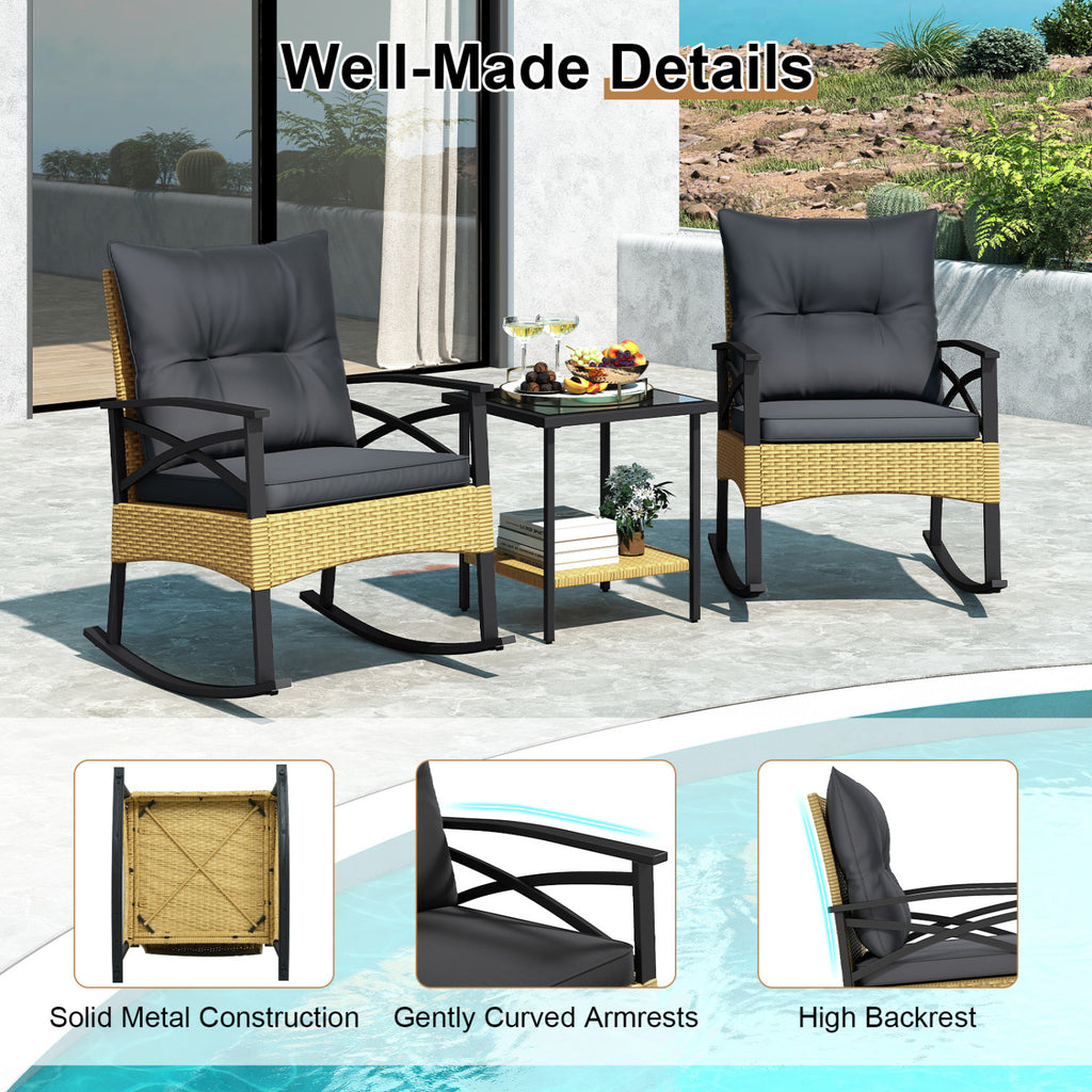 3-Piece Outdoor Rattan Rocking Chairs Set with Glass Top Table - Gray