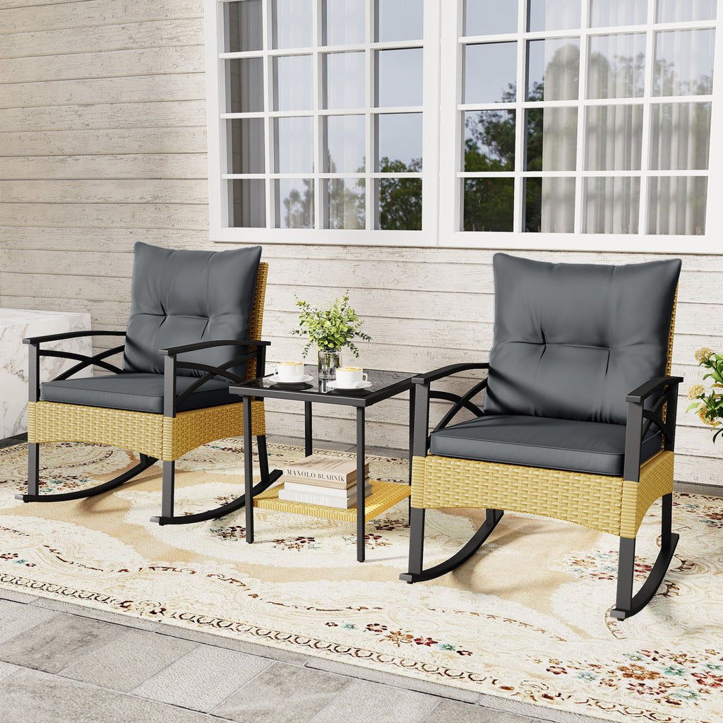 3-Piece Outdoor Rattan Rocking Chairs Set with Glass Top Table - Gray