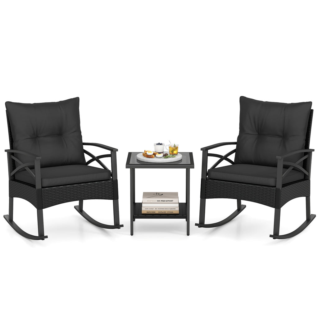 3-Piece Outdoor Rattan Rocking Chairs Set with Glass Top Side Table - Black