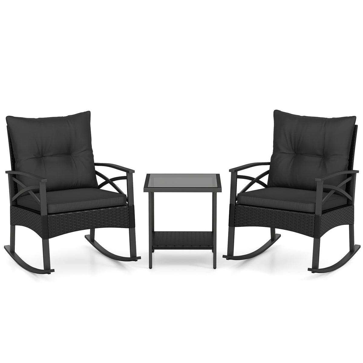 3-Piece Outdoor Rattan Rocking Chairs Set with Glass Top Side Table - Black