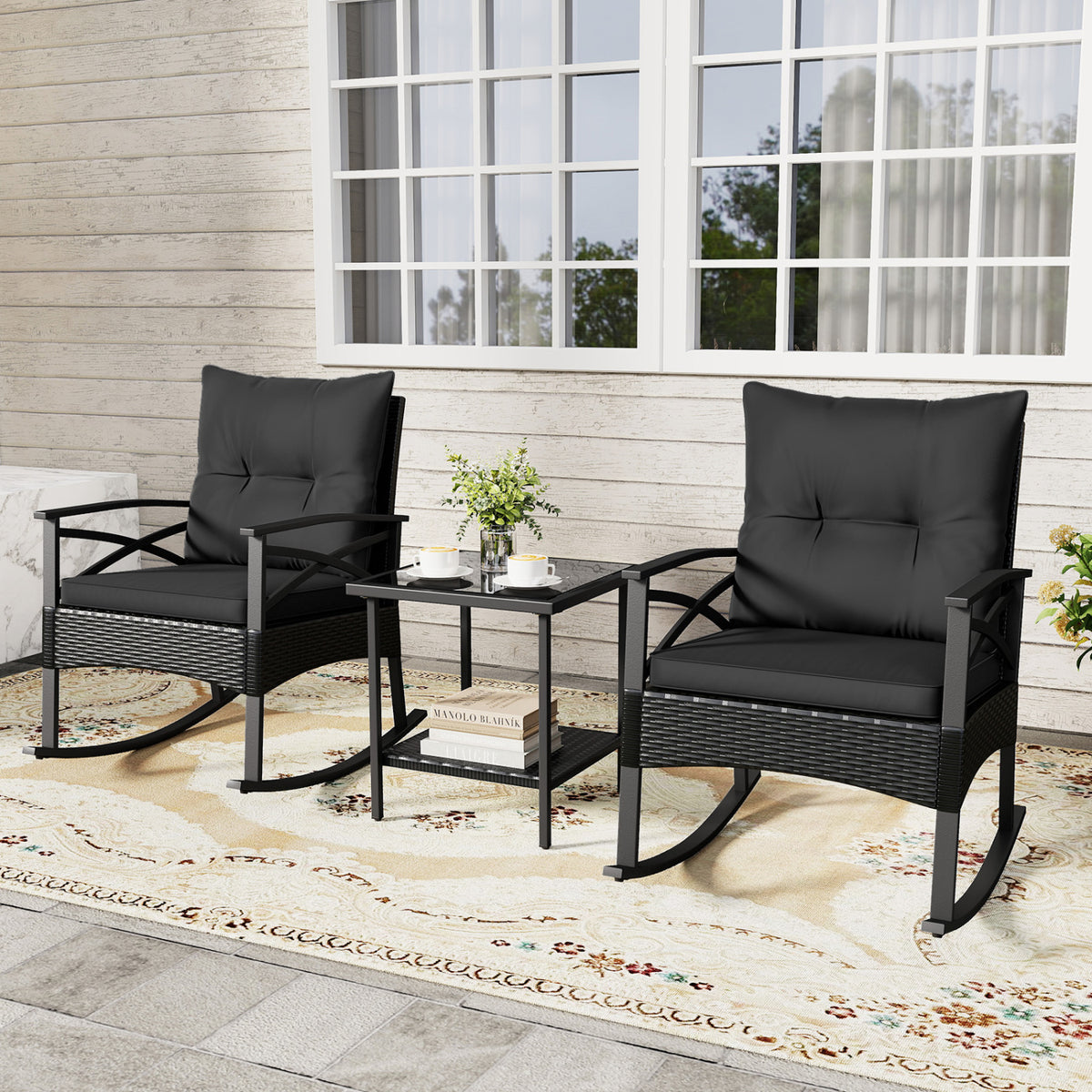 3-Piece Outdoor Rattan Rocking Chairs Set with Glass Top Side Table - Black