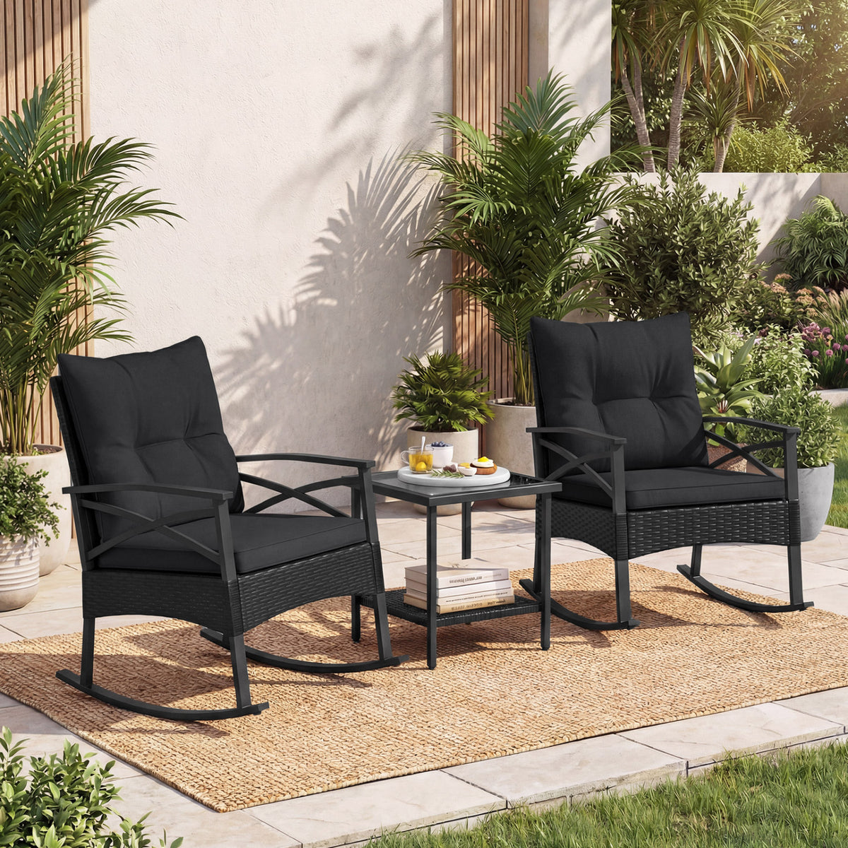 3-Piece Outdoor Rattan Rocking Chairs Set with Glass Top Side Table - Black