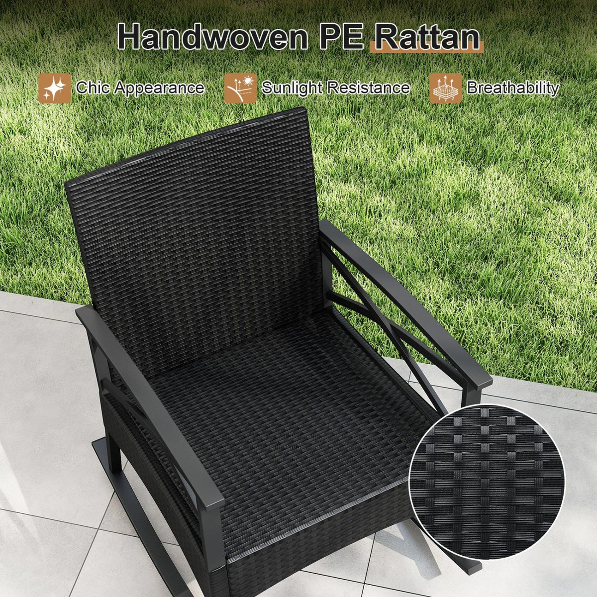 3-Piece Outdoor Rattan Rocking Chairs Set with Glass Top Side Table - Black