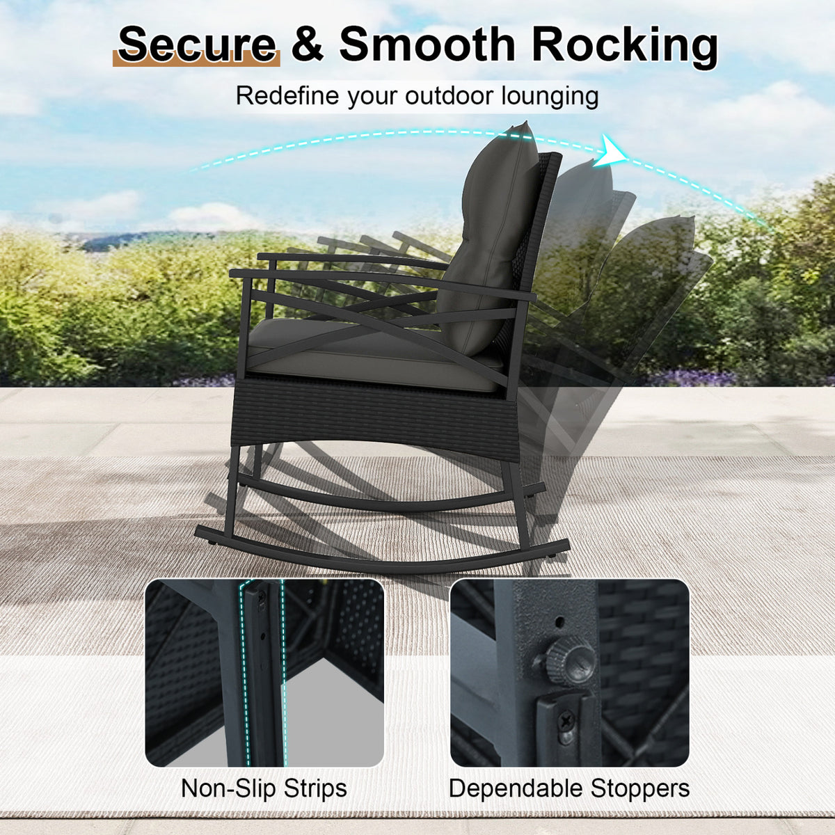 3-Piece Outdoor Rattan Rocking Chairs Set with Glass Top Side Table - Black