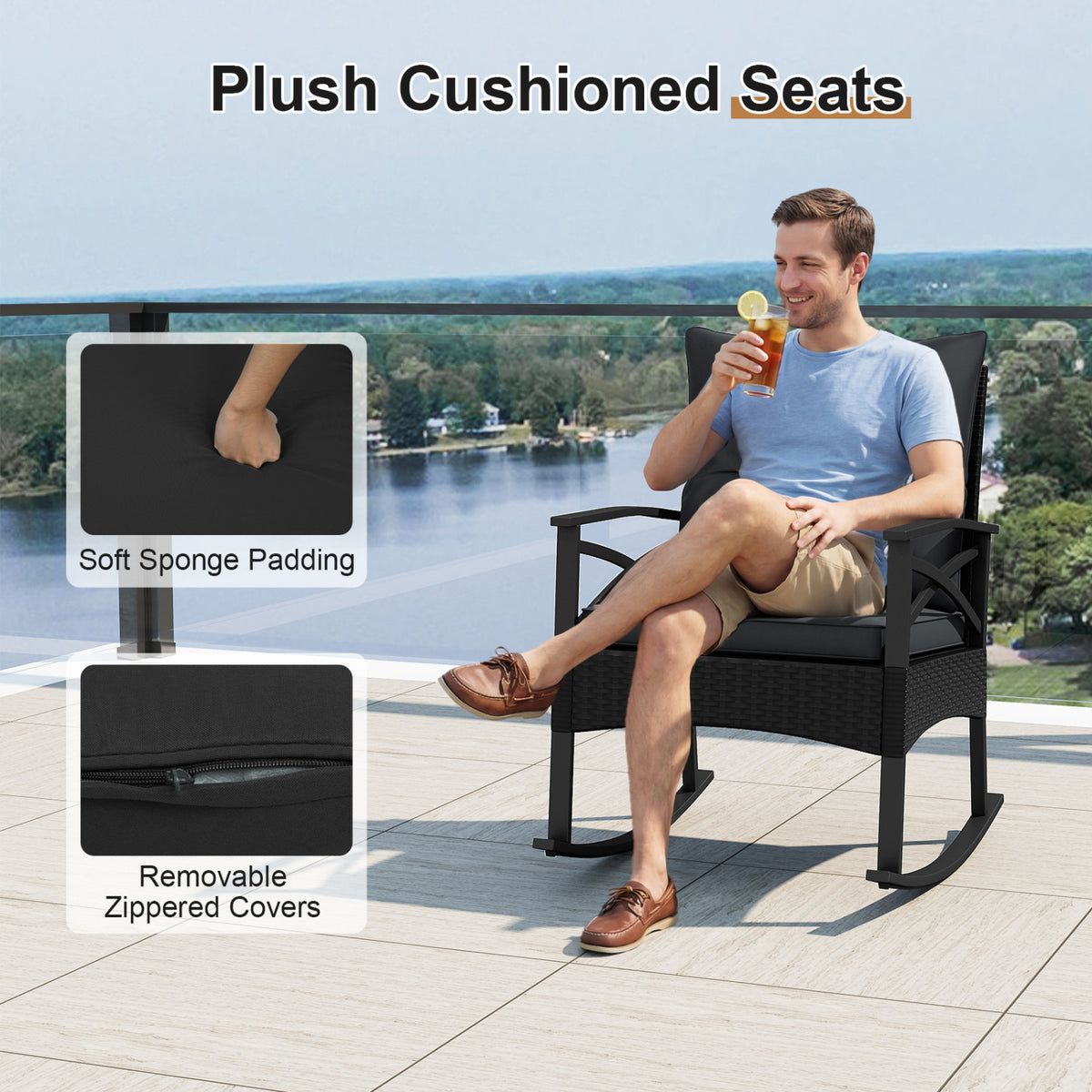 3-Piece Outdoor Rattan Rocking Chairs Set with Glass Top Side Table - Black