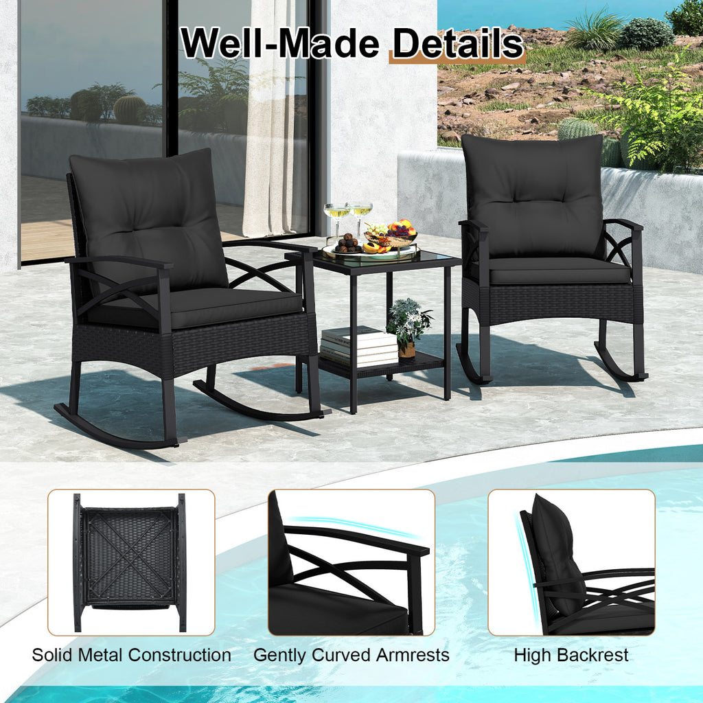 3-Piece Outdoor Rattan Rocking Chairs Set with Glass Top Side Table - Black
