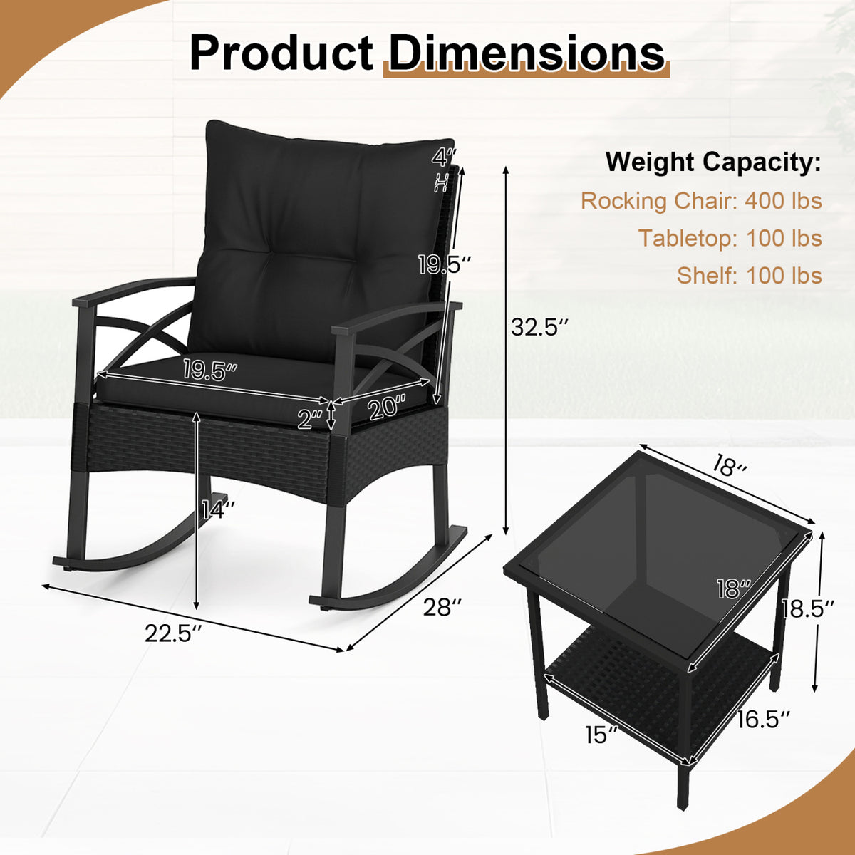 3-Piece Outdoor Rattan Rocking Chairs Set with Glass Top Side Table - Black