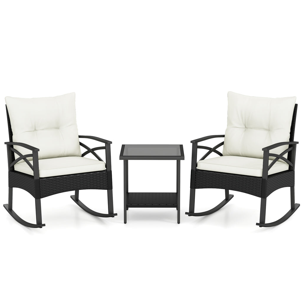 3 Pieces Outdoor Rattan Rocking Chairs Set with 2-Tier Side Table for