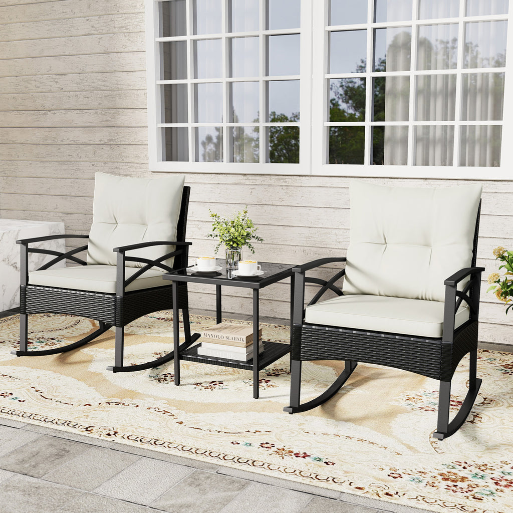 3 Pieces Outdoor Rattan Rocking Chairs Set with 2-Tier Side Table for