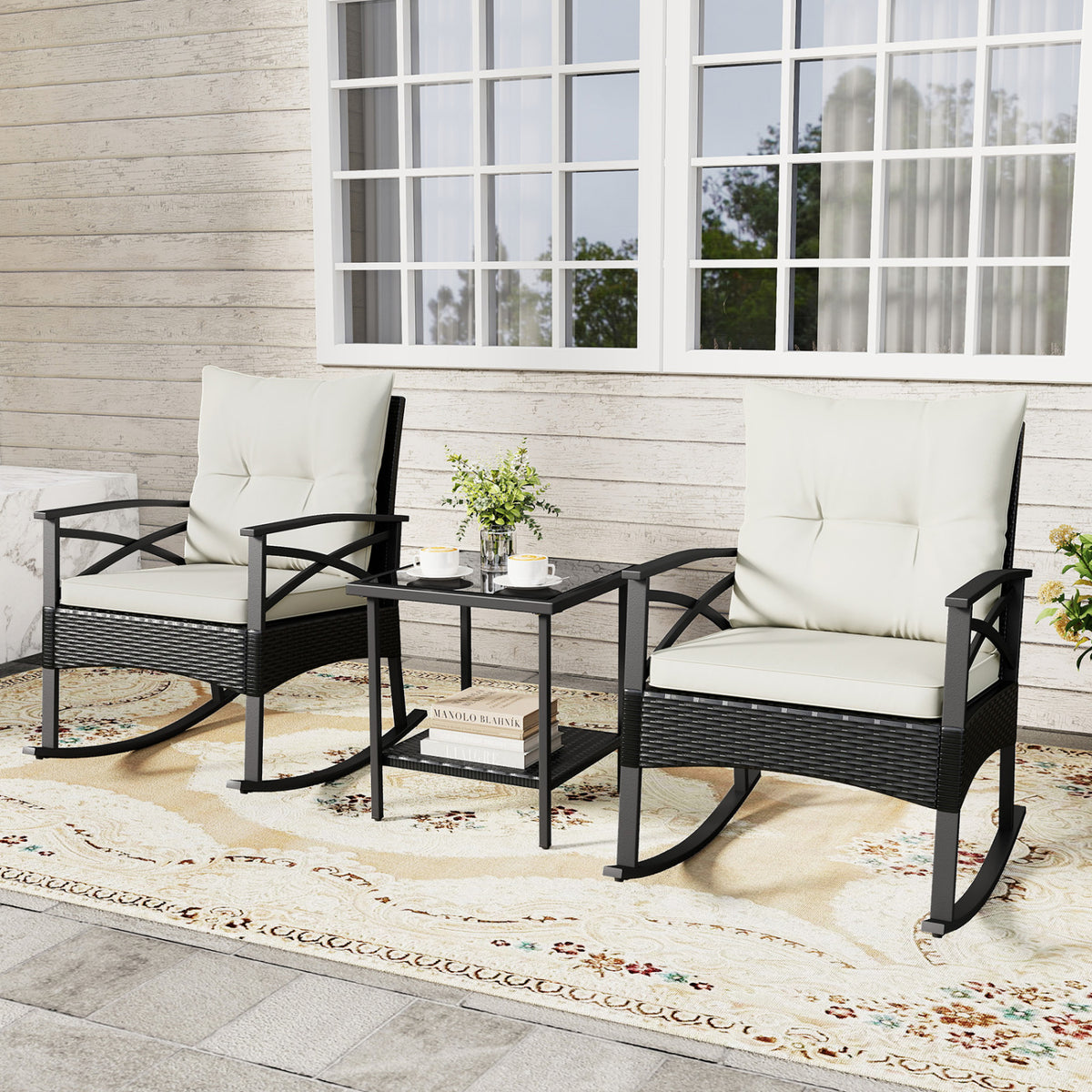 3 Pieces Outdoor Rattan Rocking Chairs Set with 2-Tier Side Table for