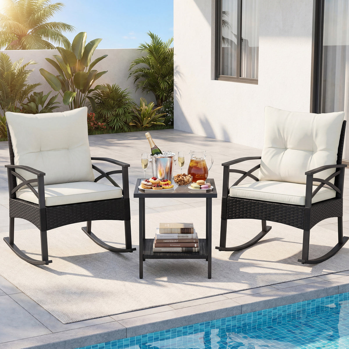 3 Pieces Outdoor Rattan Rocking Chairs Set with 2-Tier Side Table for