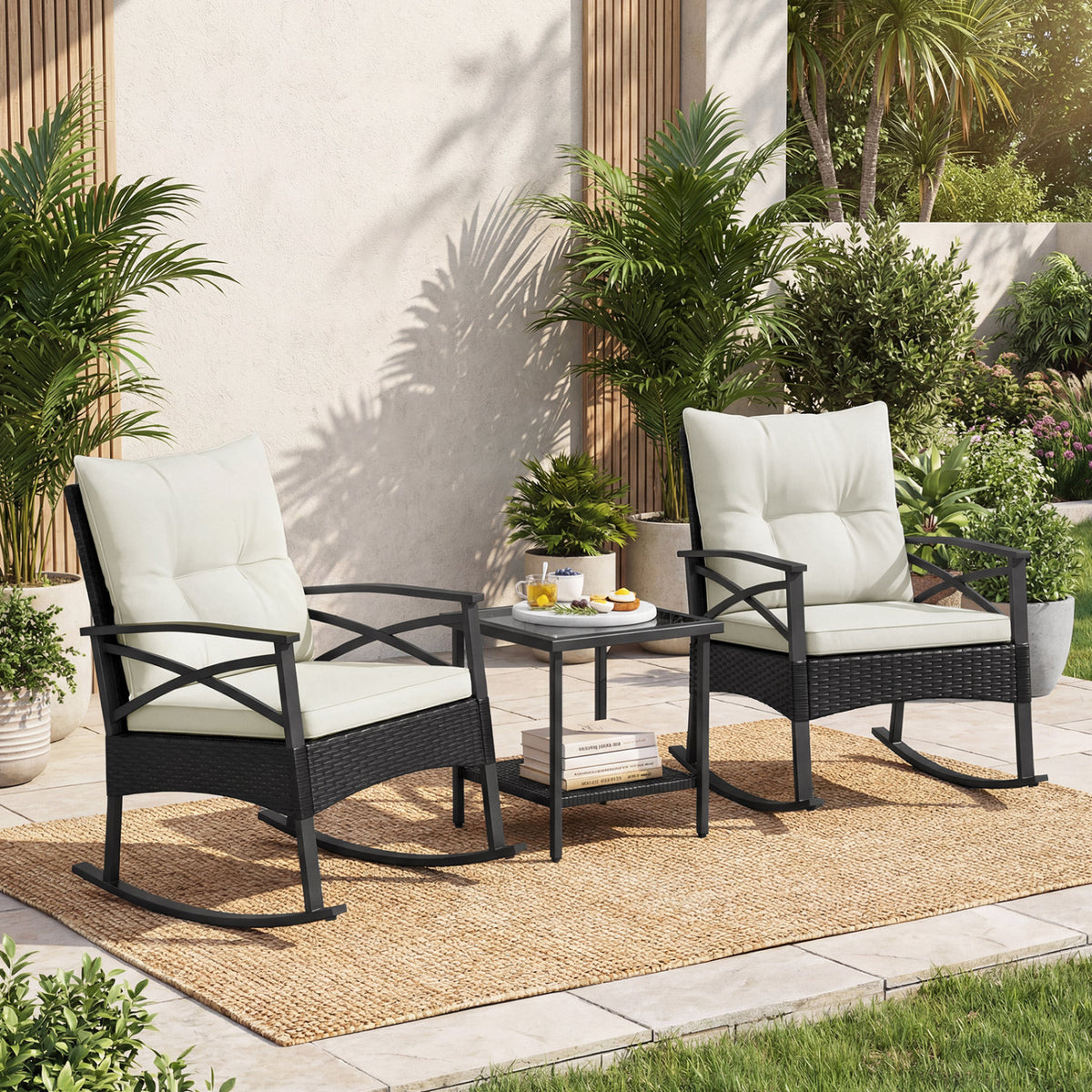 3 Pieces Outdoor Rattan Rocking Chairs Set with 2-Tier Side Table for