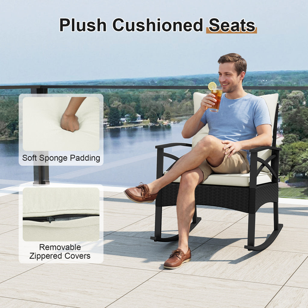 3 Pieces Outdoor Rattan Rocking Chairs Set with 2-Tier Side Table for