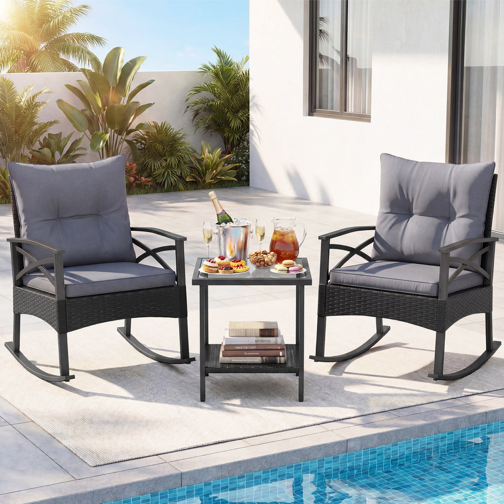3-Piece Outdoor Rattan Rocking Chair Set with Glass Top Table - Black & Gray