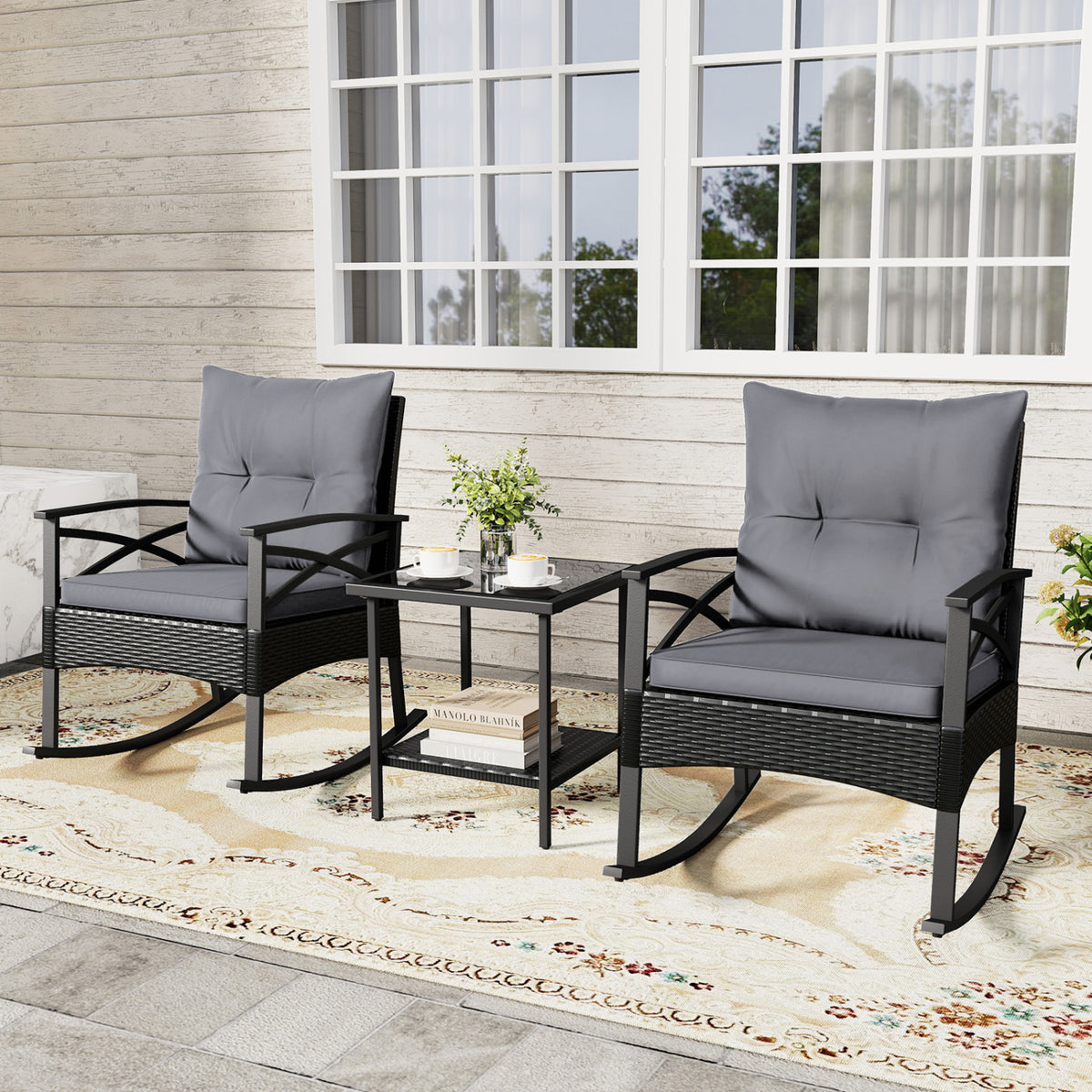 3-Piece Outdoor Rattan Rocking Chair Set with Glass Top Table - Black & Gray