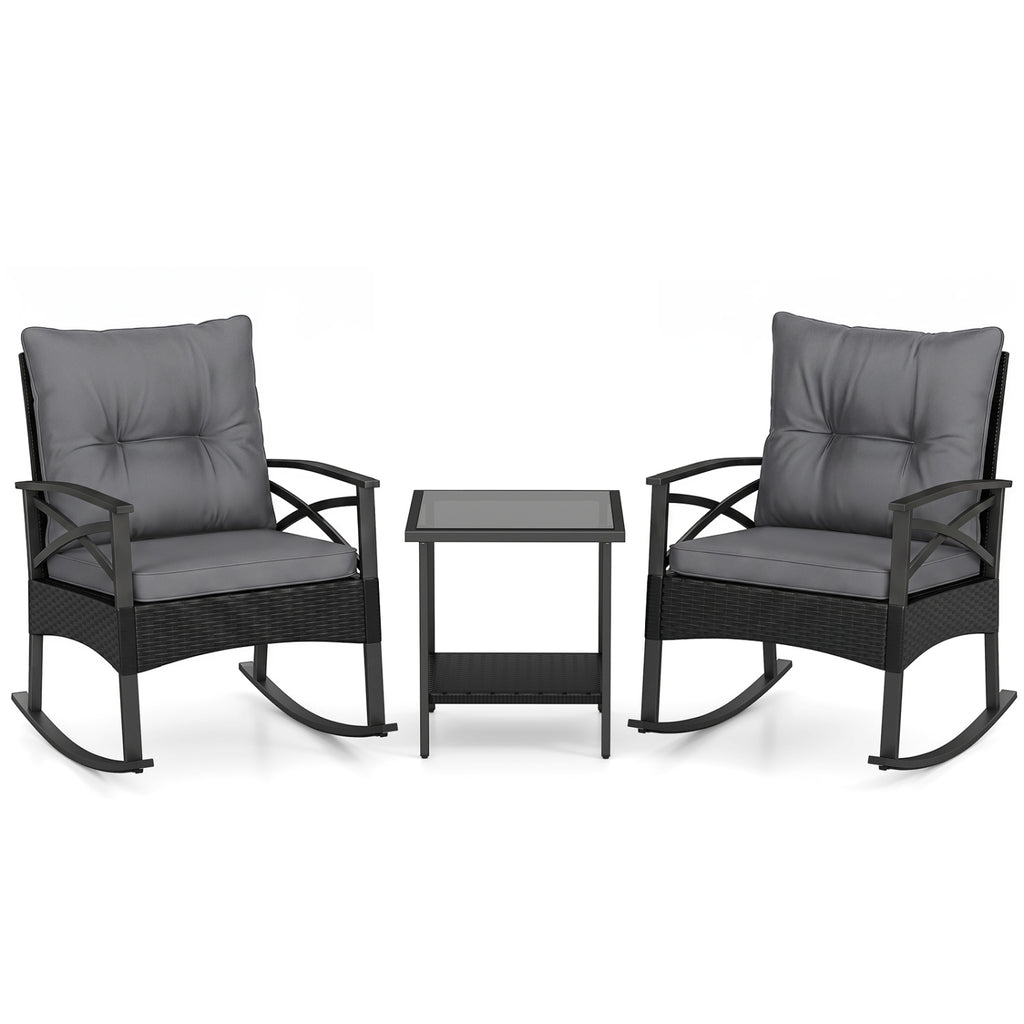 3-Piece Outdoor Rattan Rocking Chair Set with Glass Top Table - Black & Gray