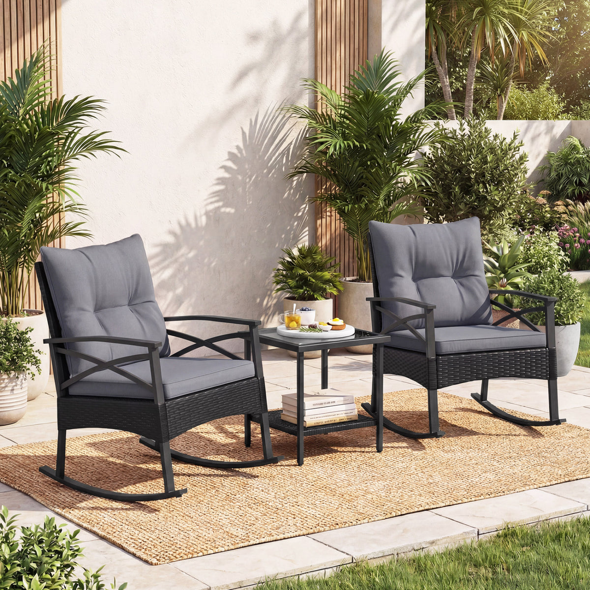 3-Piece Outdoor Rattan Rocking Chair Set with Glass Top Table - Black & Gray