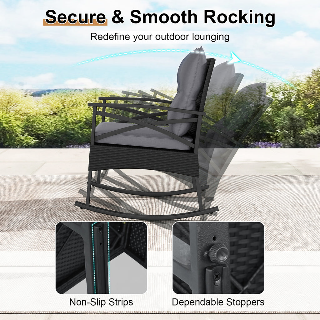 3-Piece Outdoor Rattan Rocking Chair Set with Glass Top Table - Black & Gray
