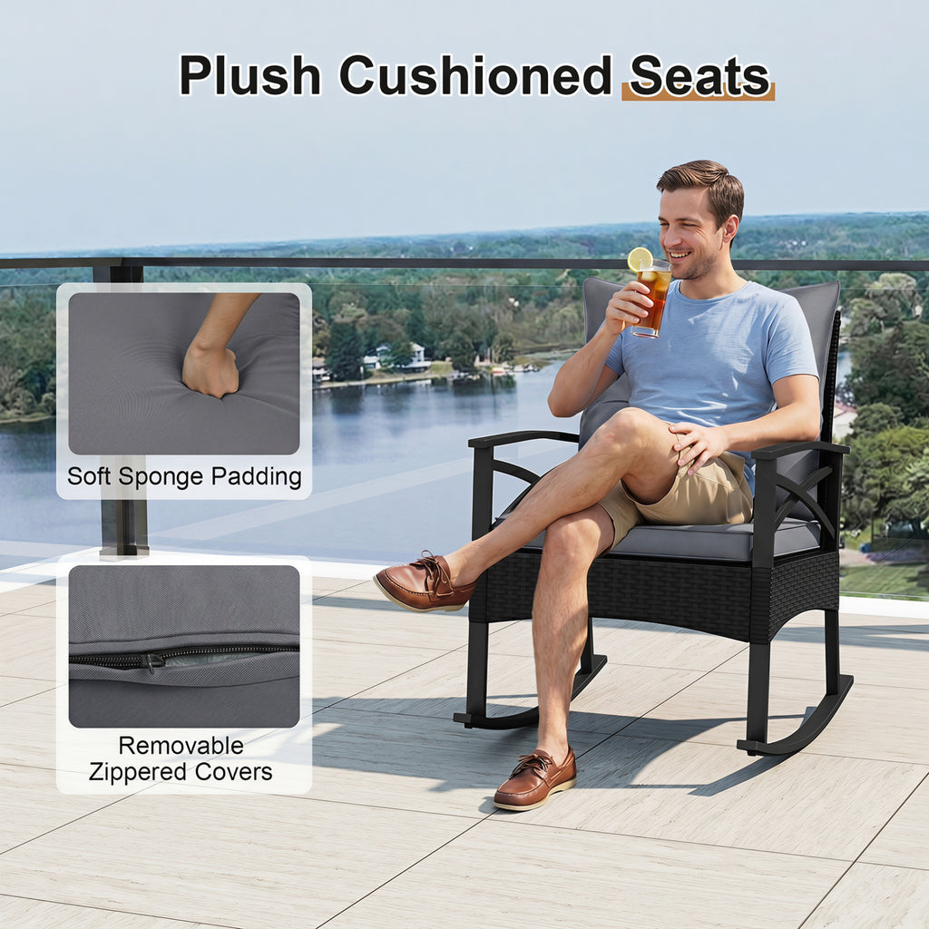 3-Piece Outdoor Rattan Rocking Chair Set with Glass Top Table - Black & Gray