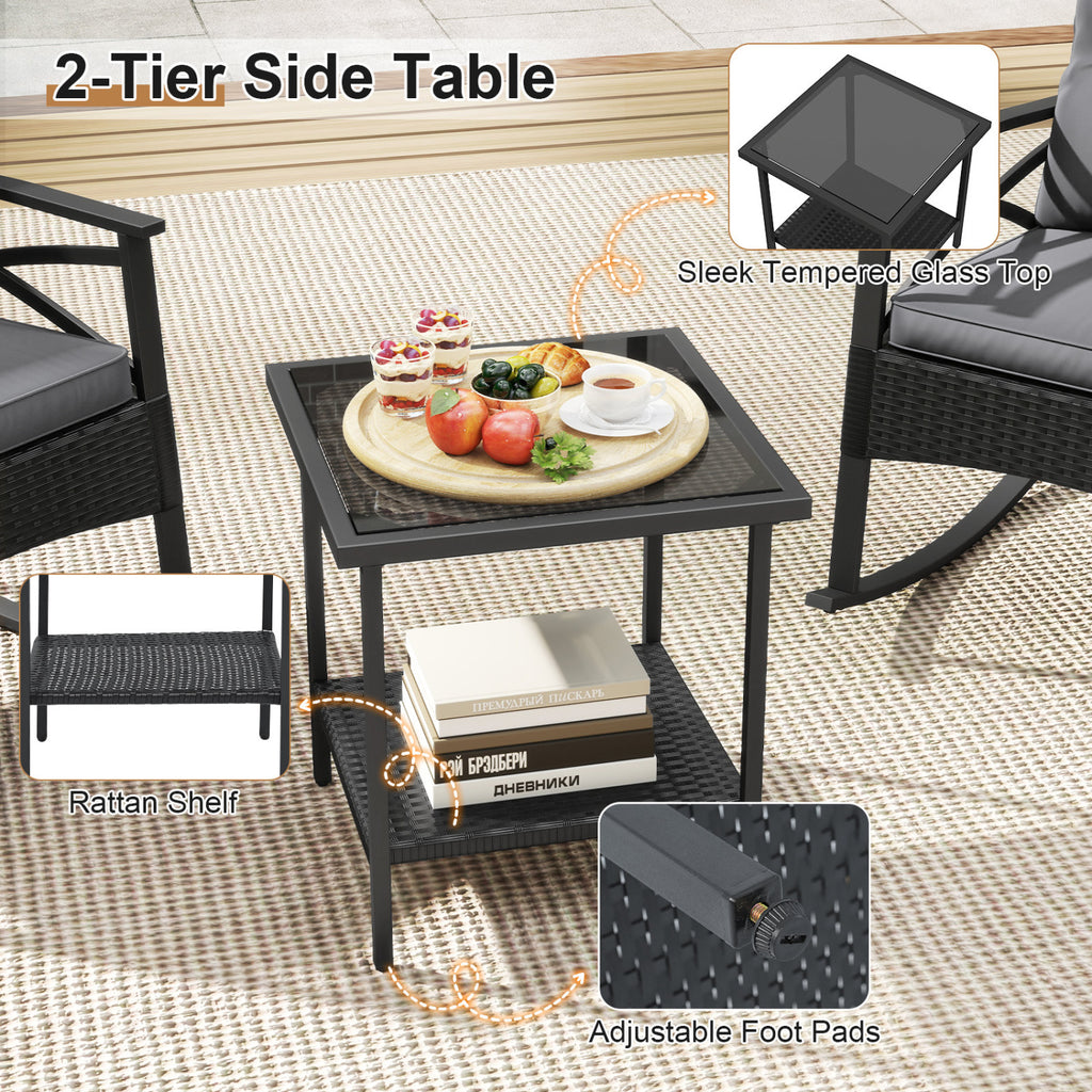 3-Piece Outdoor Rattan Rocking Chair Set with Glass Top Table - Black & Gray