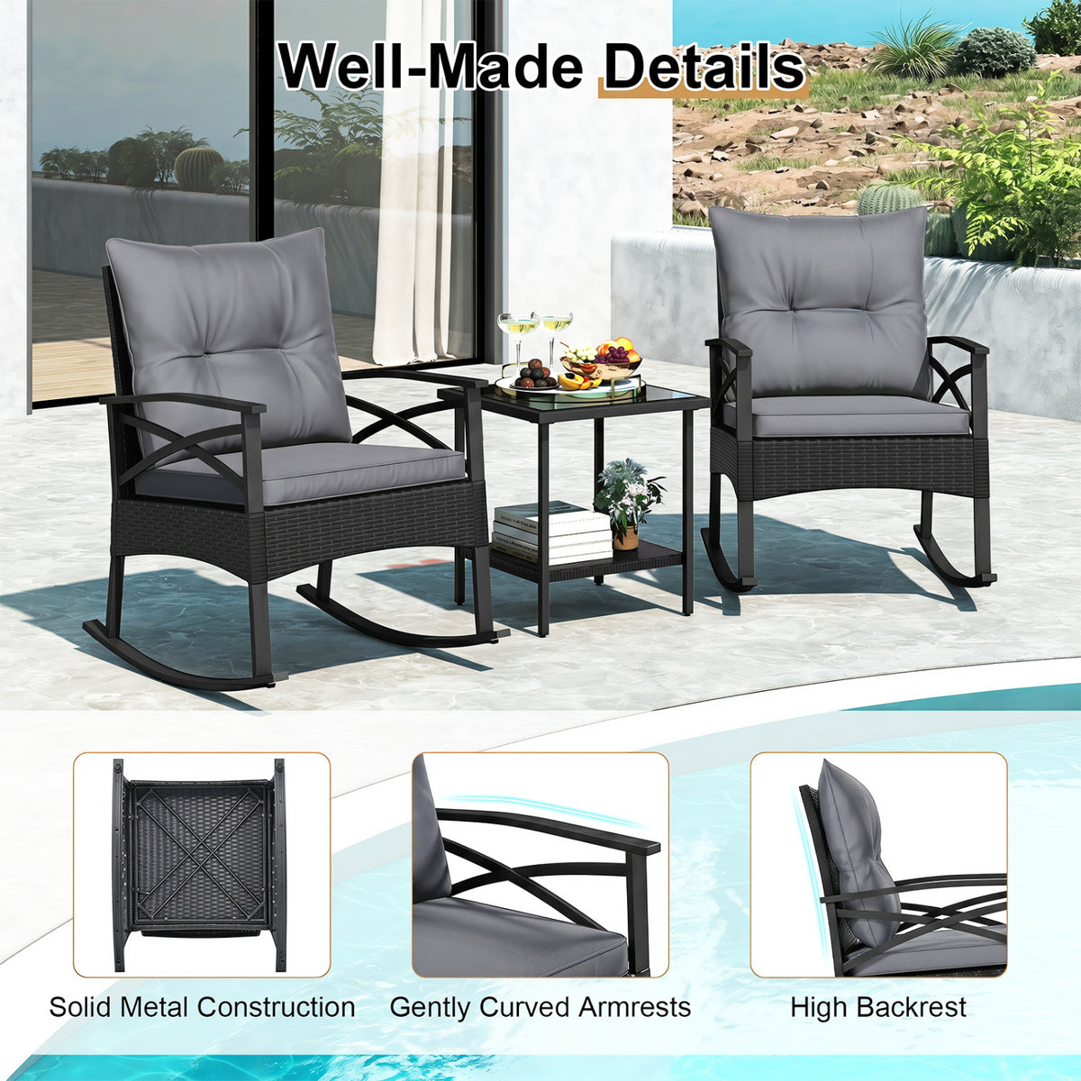 3-Piece Outdoor Rattan Rocking Chair Set with Glass Top Table - Black & Gray