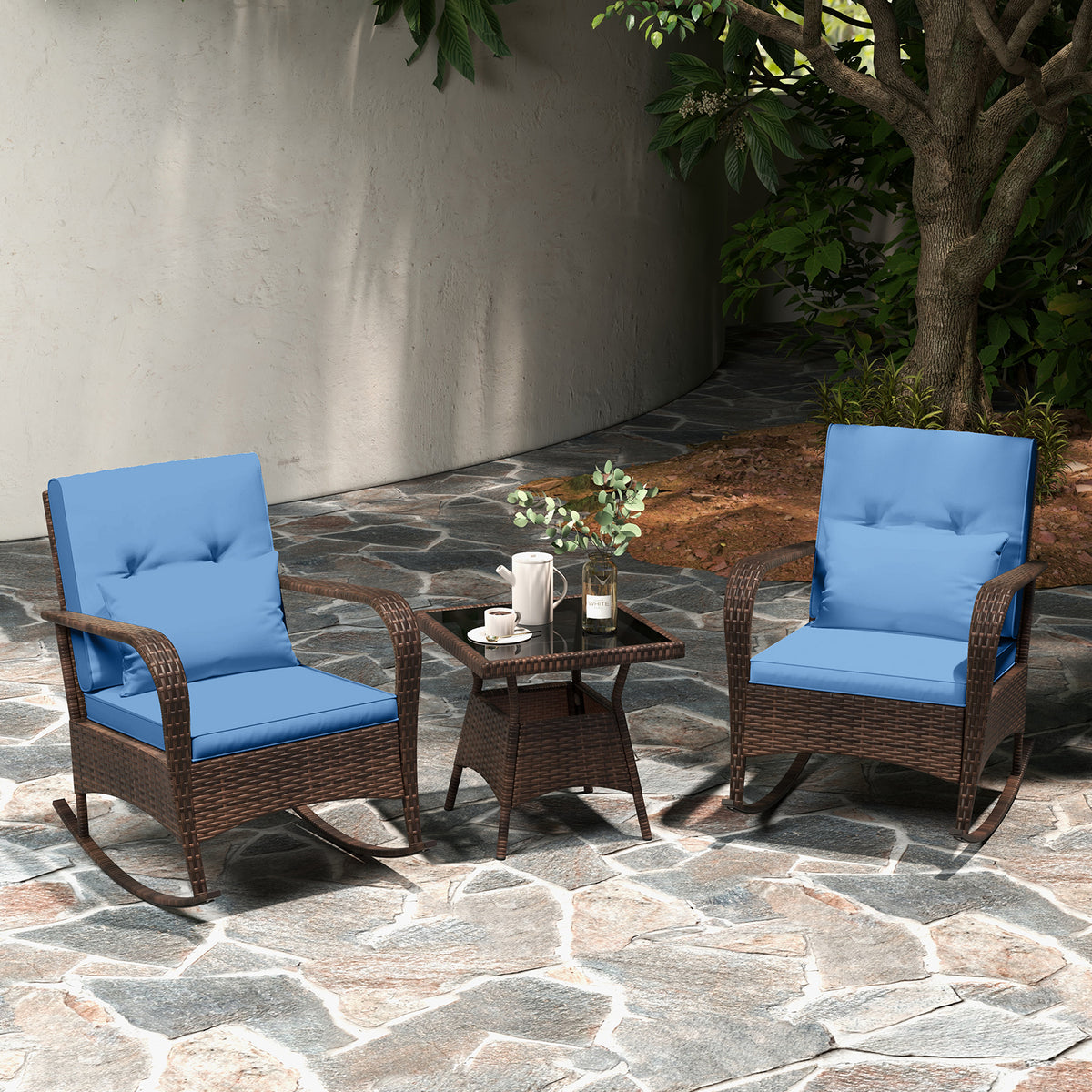 3-Piece Outdoor Rocking Set with Glass Coffee Table - Navy