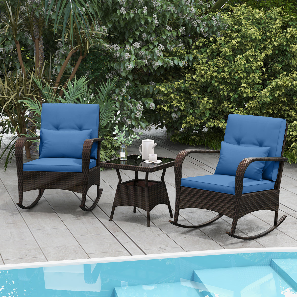 3-Piece Outdoor Rocking Set with Glass Coffee Table - Navy
