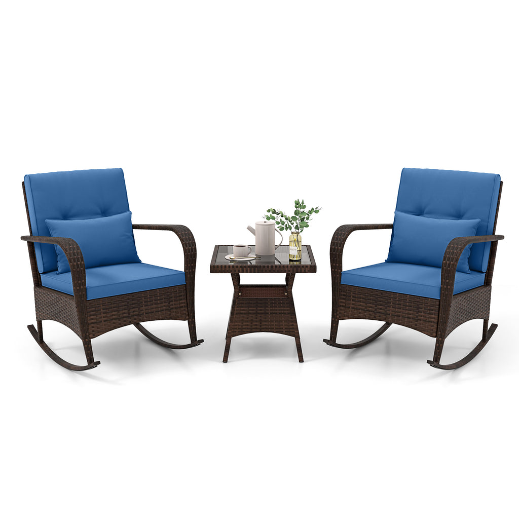3-Piece Outdoor Rocking Set with Glass Coffee Table - Navy