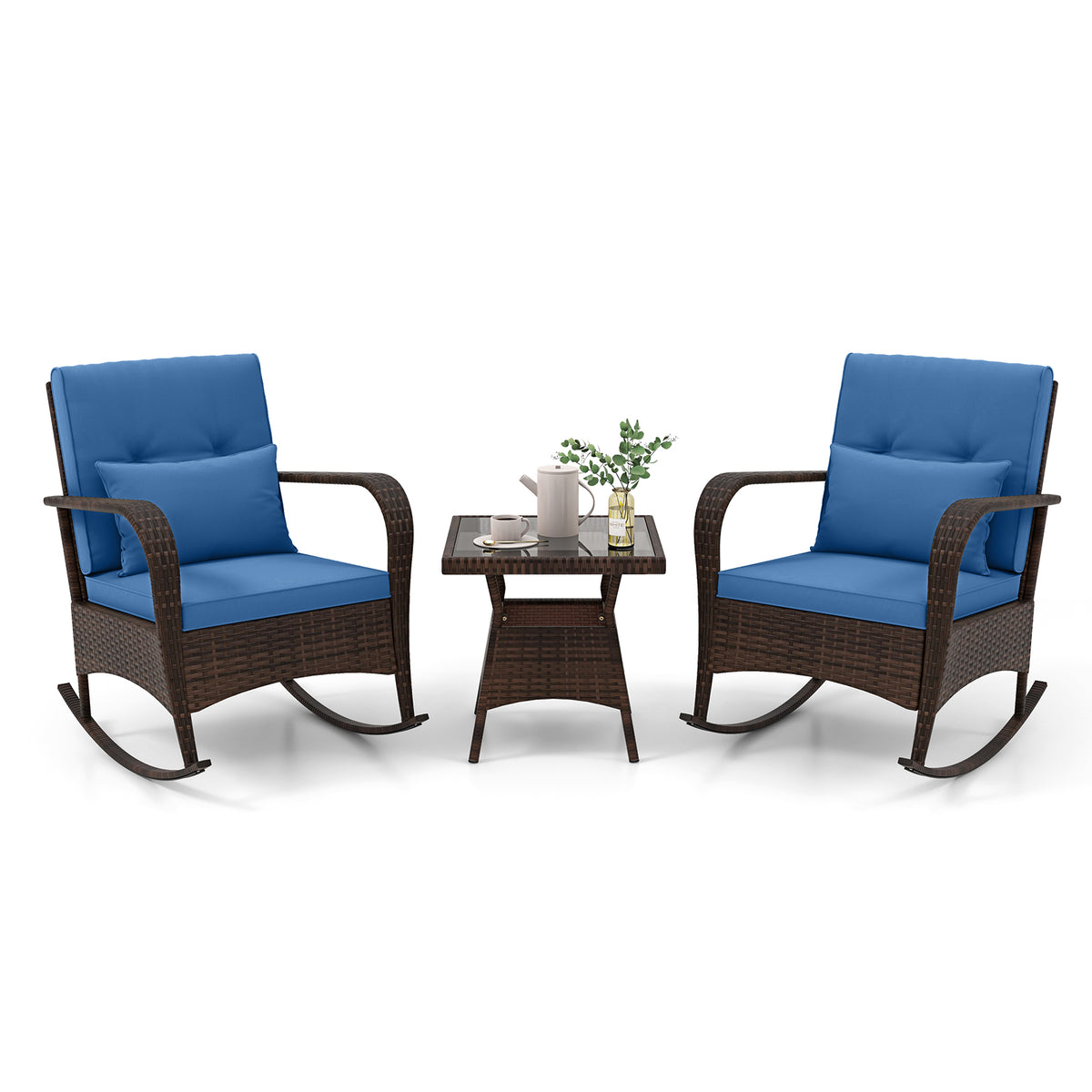 3-Piece Outdoor Rocking Set with Glass Coffee Table - Navy