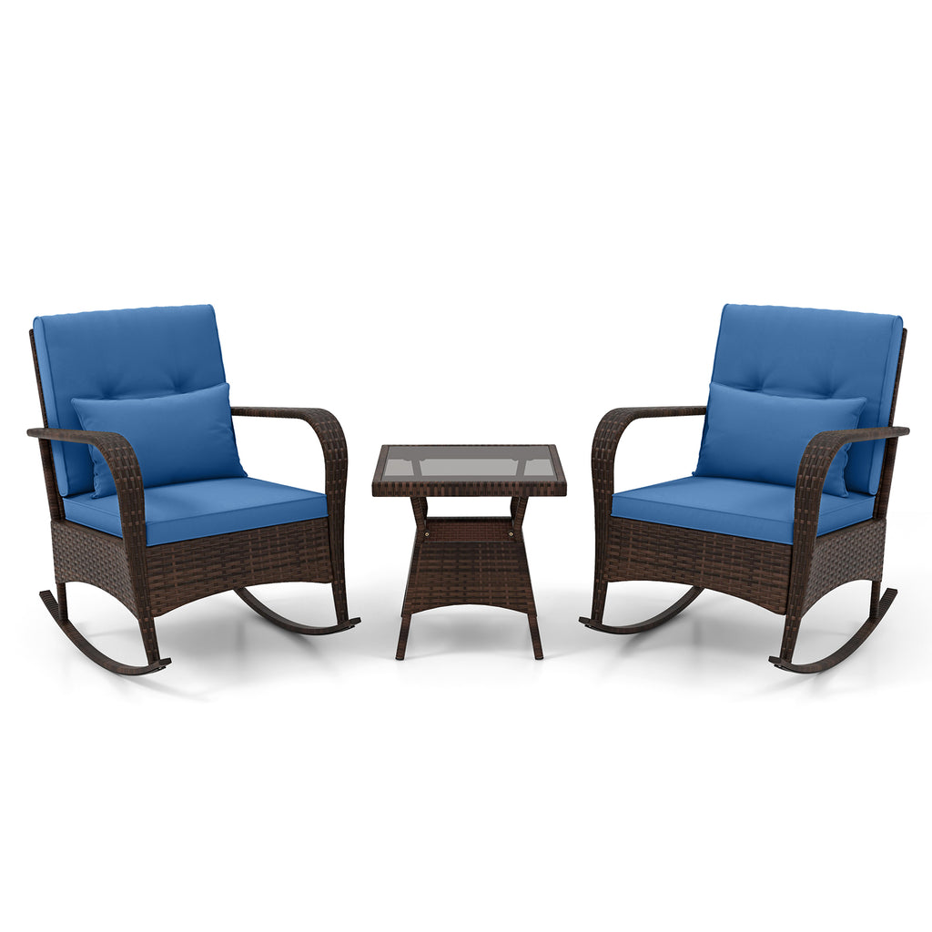3-Piece Outdoor Rocking Set with Glass Coffee Table - Navy