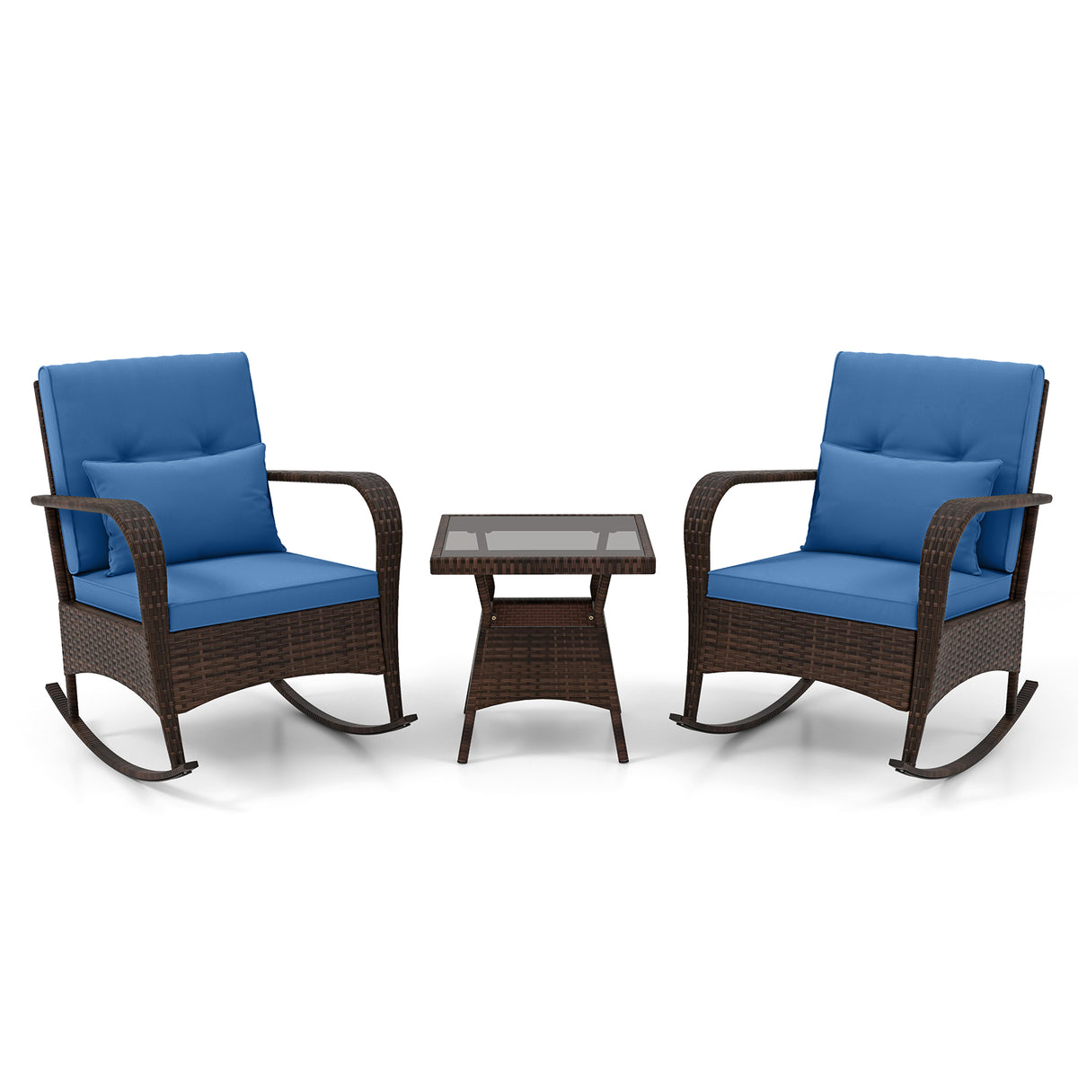 3-Piece Outdoor Rocking Set with Glass Coffee Table - Navy