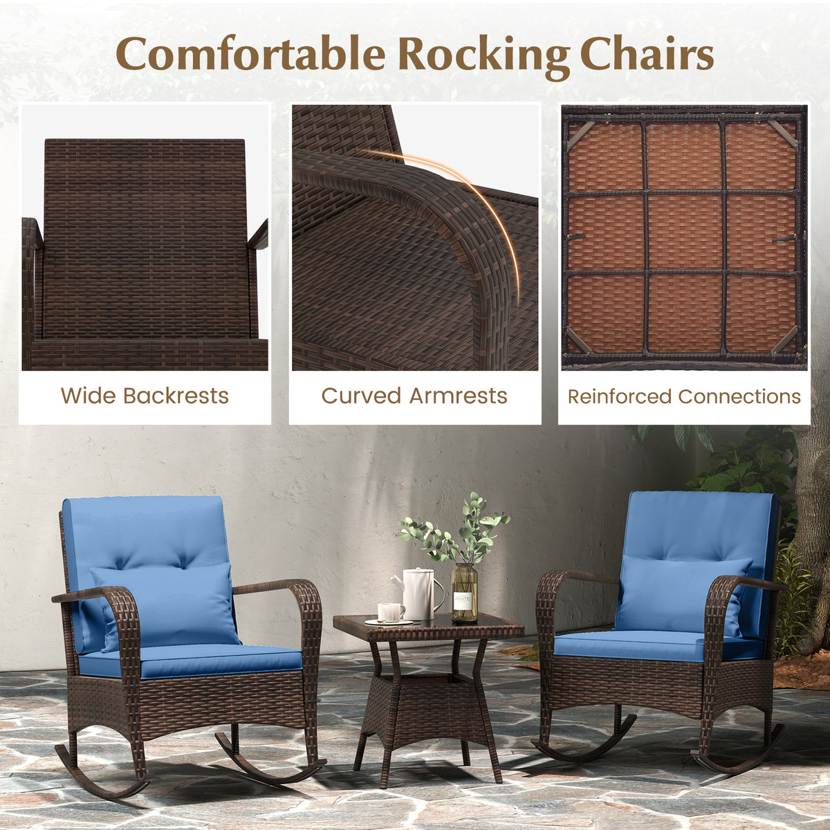 3-Piece Outdoor Rocking Set with Glass Coffee Table - Navy