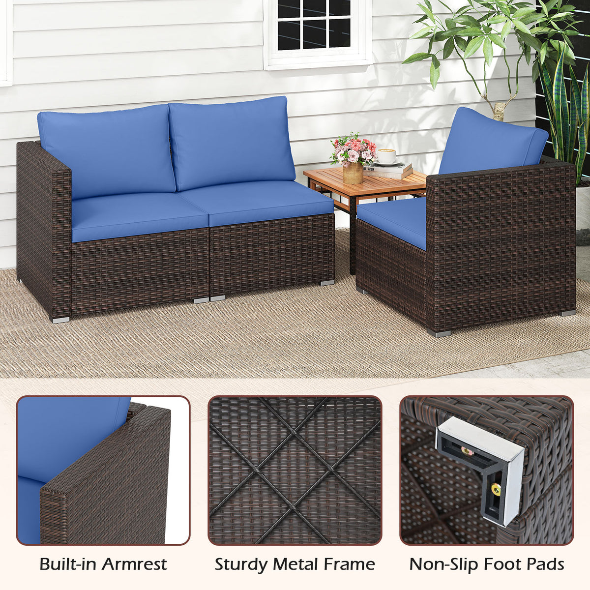 3 Pieces Outdoor Sectional Sofa Set with Soft Cushions