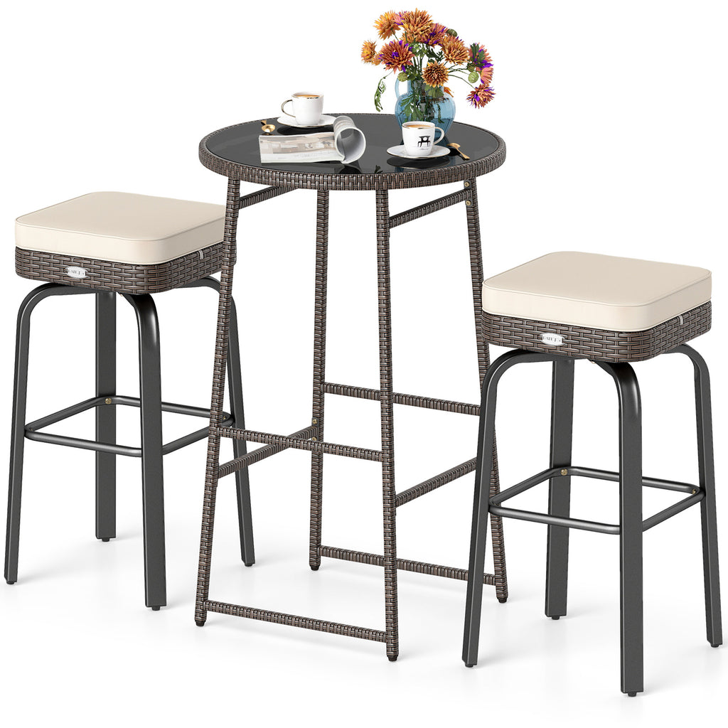 3 Pieces Outdoor Swivel Bar Set PE Rattan Height Table with 2 Chairs
