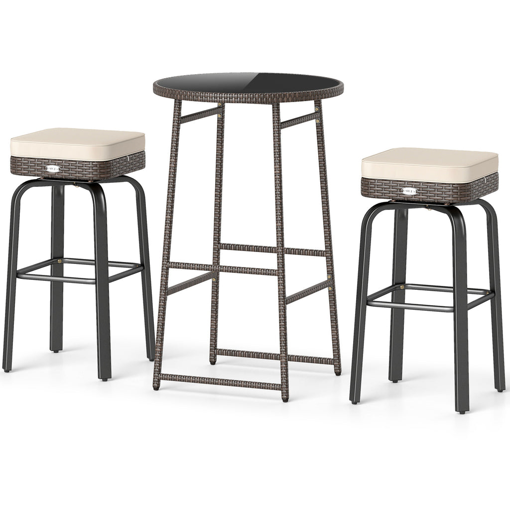 3 Pieces Outdoor Swivel Bar Set PE Rattan Height Table with 2 Chairs