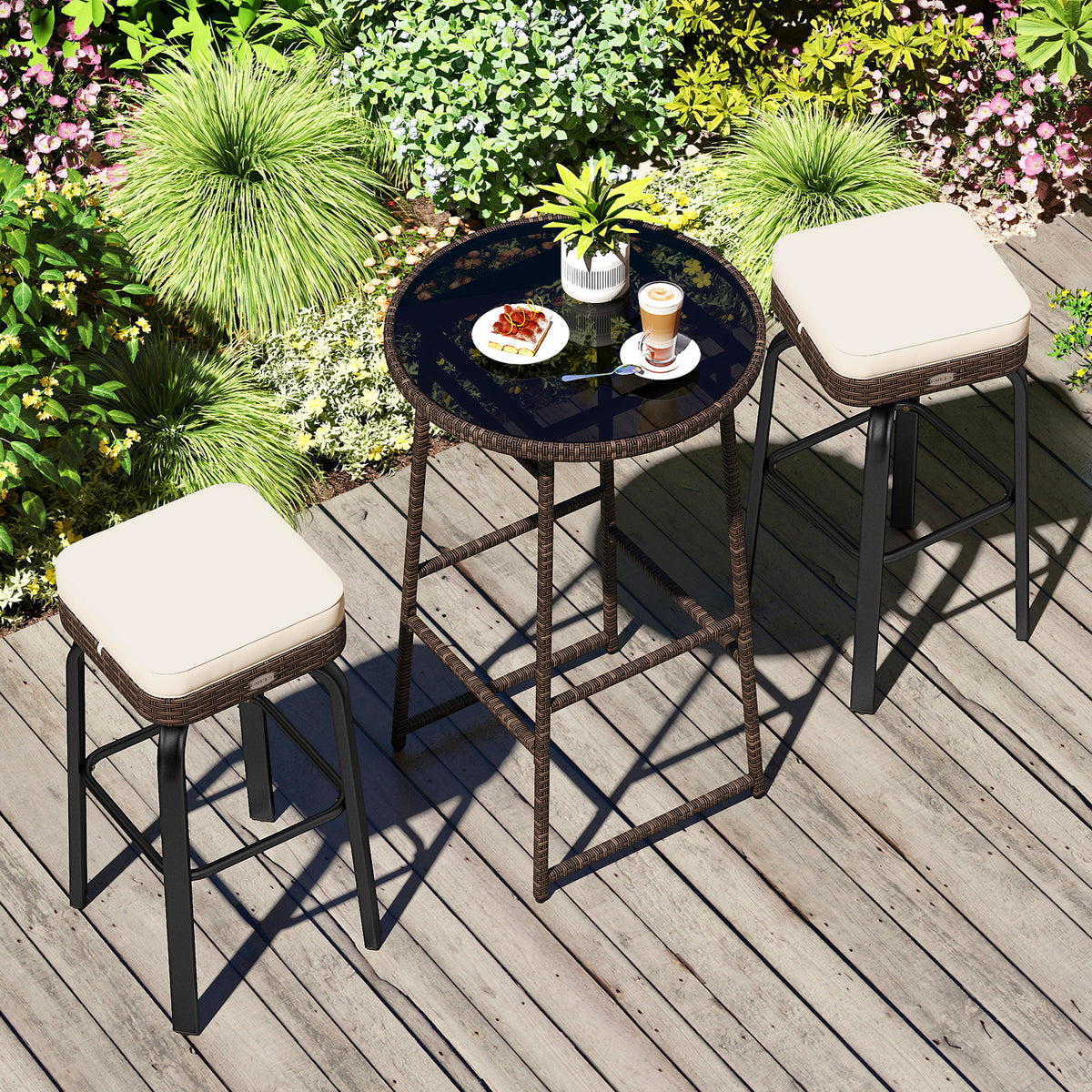 3 Pieces Outdoor Swivel Bar Set PE Rattan Height Table with 2 Chairs