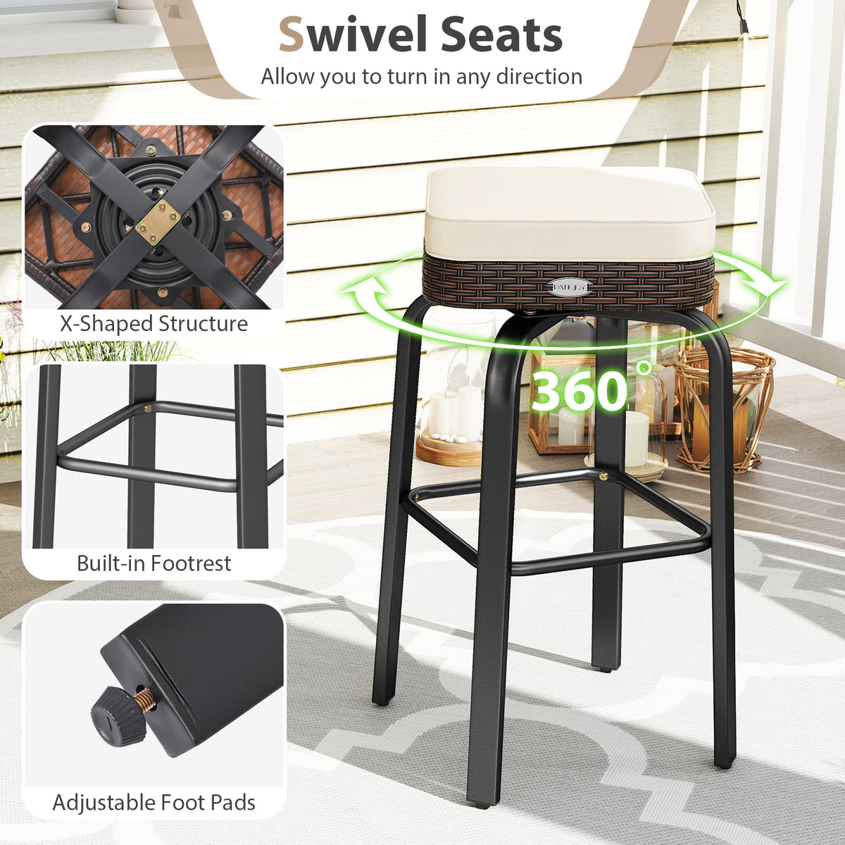 3 Pieces Outdoor Swivel Bar Set PE Rattan Height Table with 2 Chairs